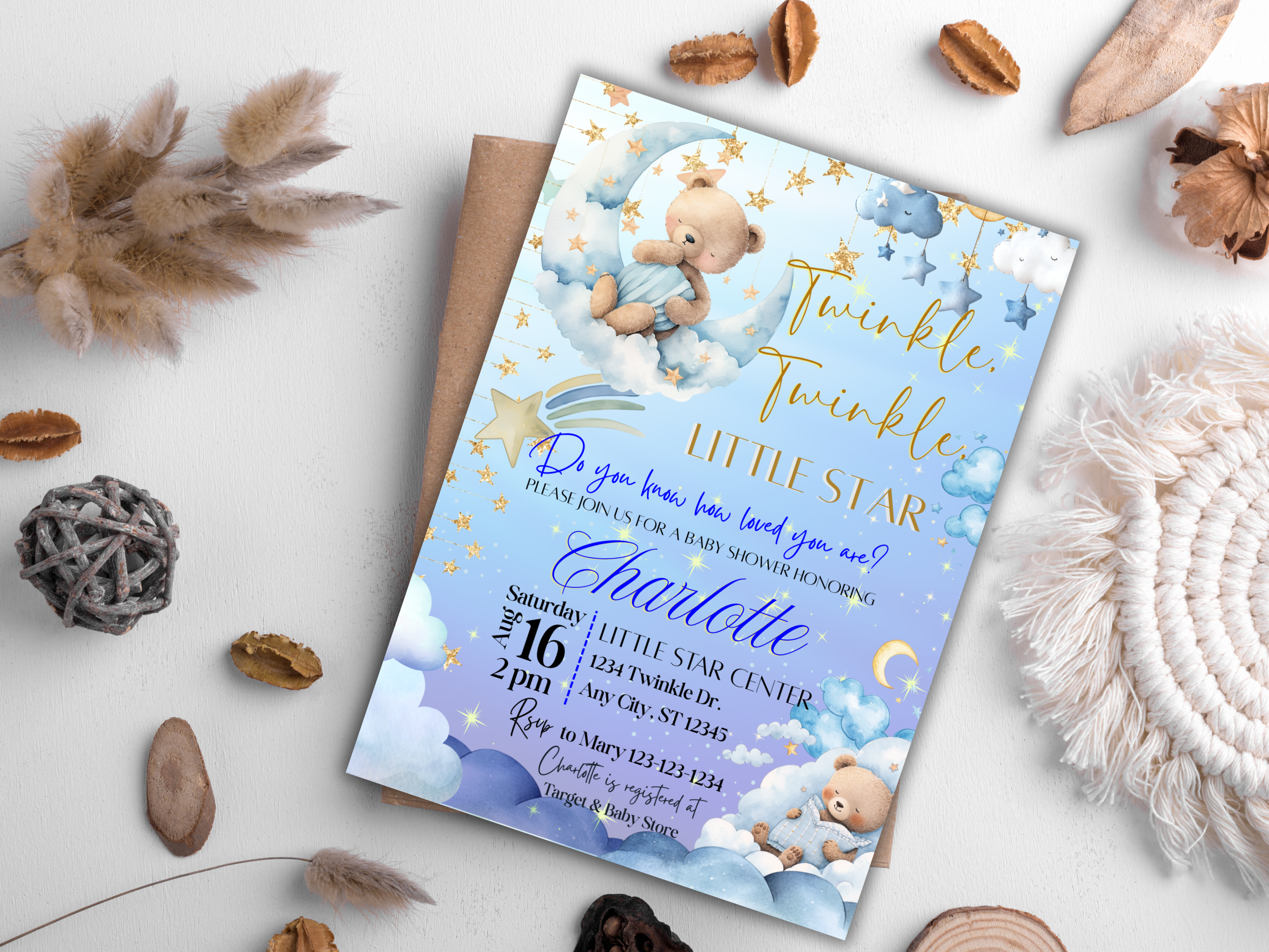 Twinkle Twinkle Little Star Baby Shower Invitation Template Bundle | Blue Starry Night Teddy Bear Invite | Editable Canva Invite Front Back