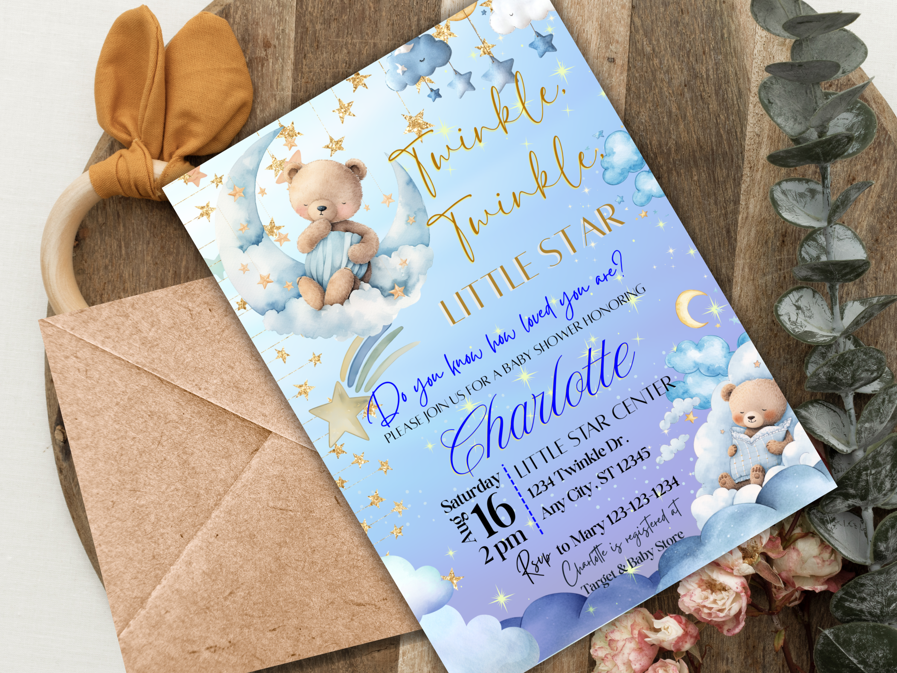 Twinkle Twinkle Little Star Baby Shower Invitation Template Bundle | Blue Starry Night Teddy Bear Invite | Editable Canva Invite Front Back