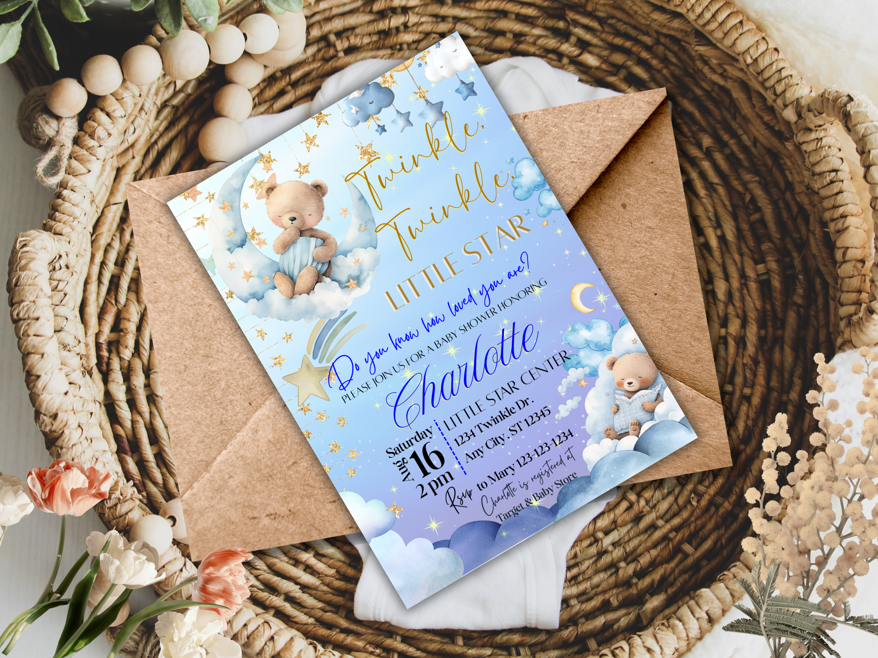 Twinkle Twinkle Little Star Baby Shower Invitation Template Bundle | Blue Starry Night Teddy Bear Invite | Editable Canva Invite Front Back