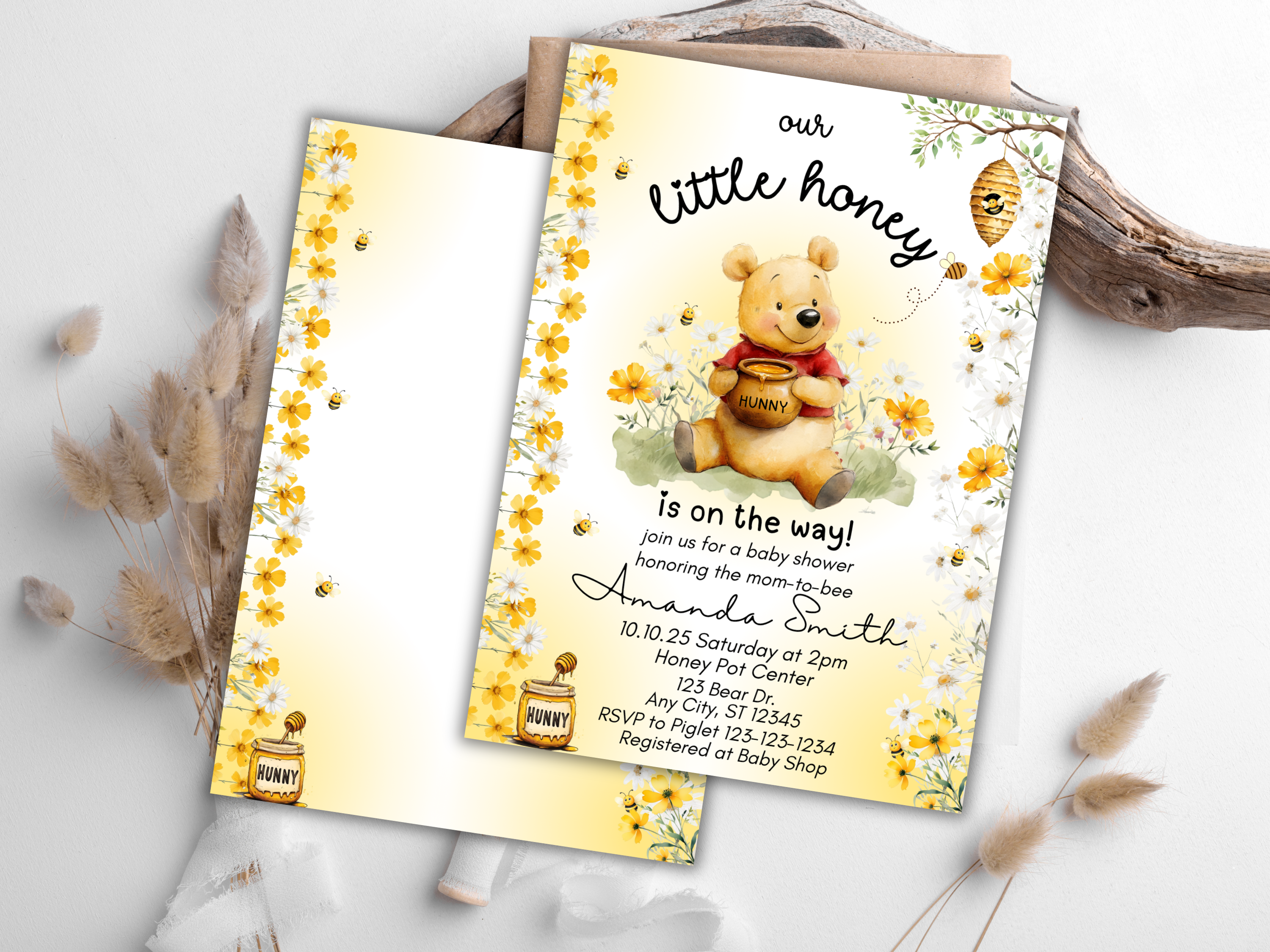 Editable Winnie The Pooh Baby Shower Invitation Template - Boho Gender Neutral Canva Download Front & Back
