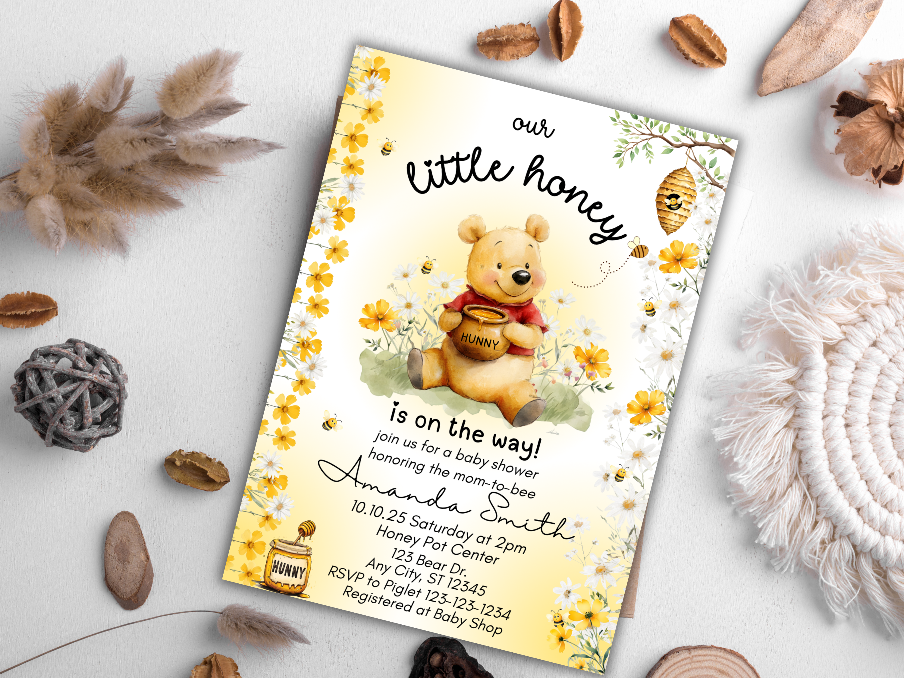 Editable Winnie The Pooh Baby Shower Invitation Template - Boho Gender Neutral Canva Download Front & Back