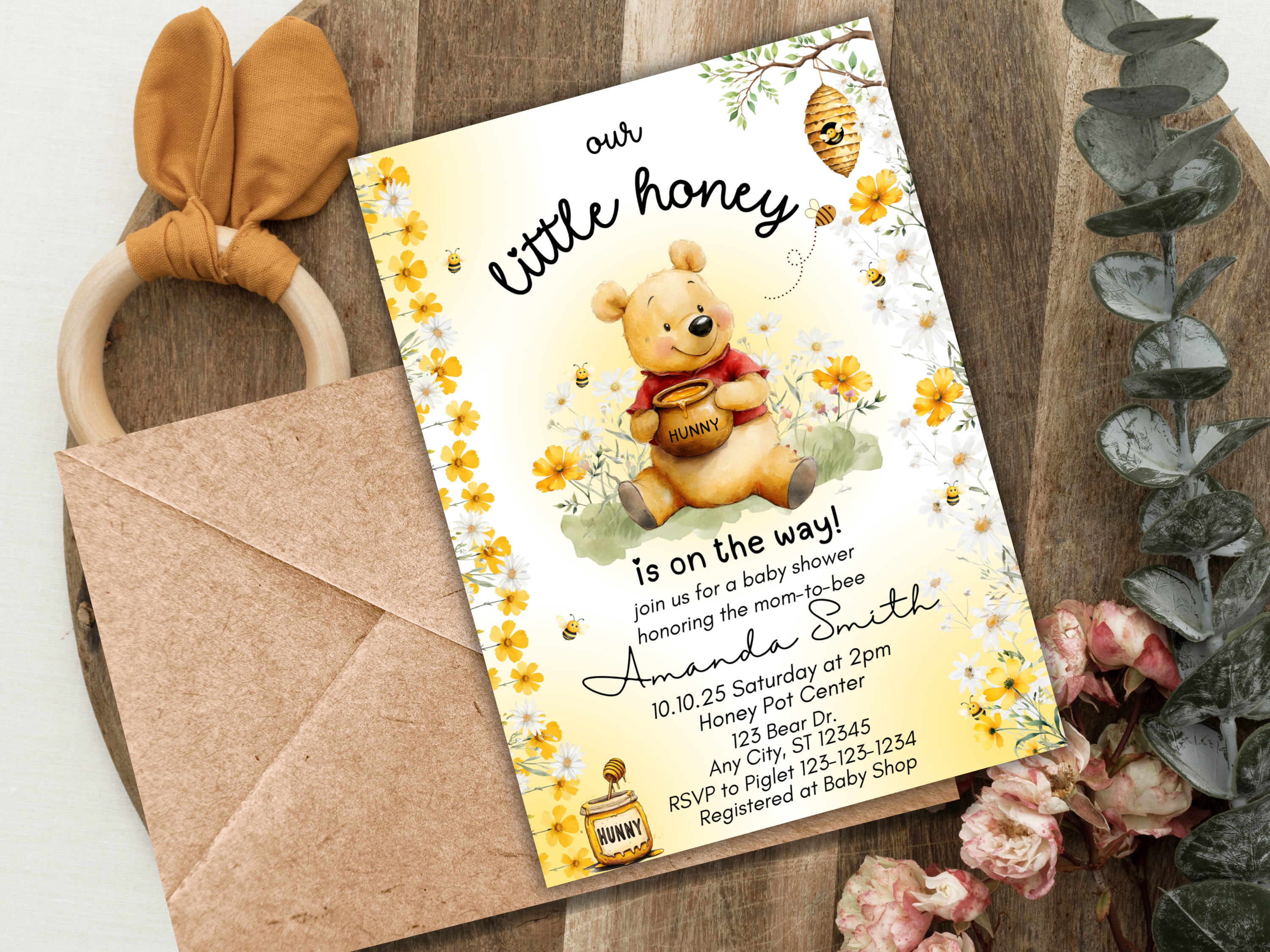 Editable Winnie The Pooh Baby Shower Invitation Template - Boho Gender Neutral Canva Download Front & Back