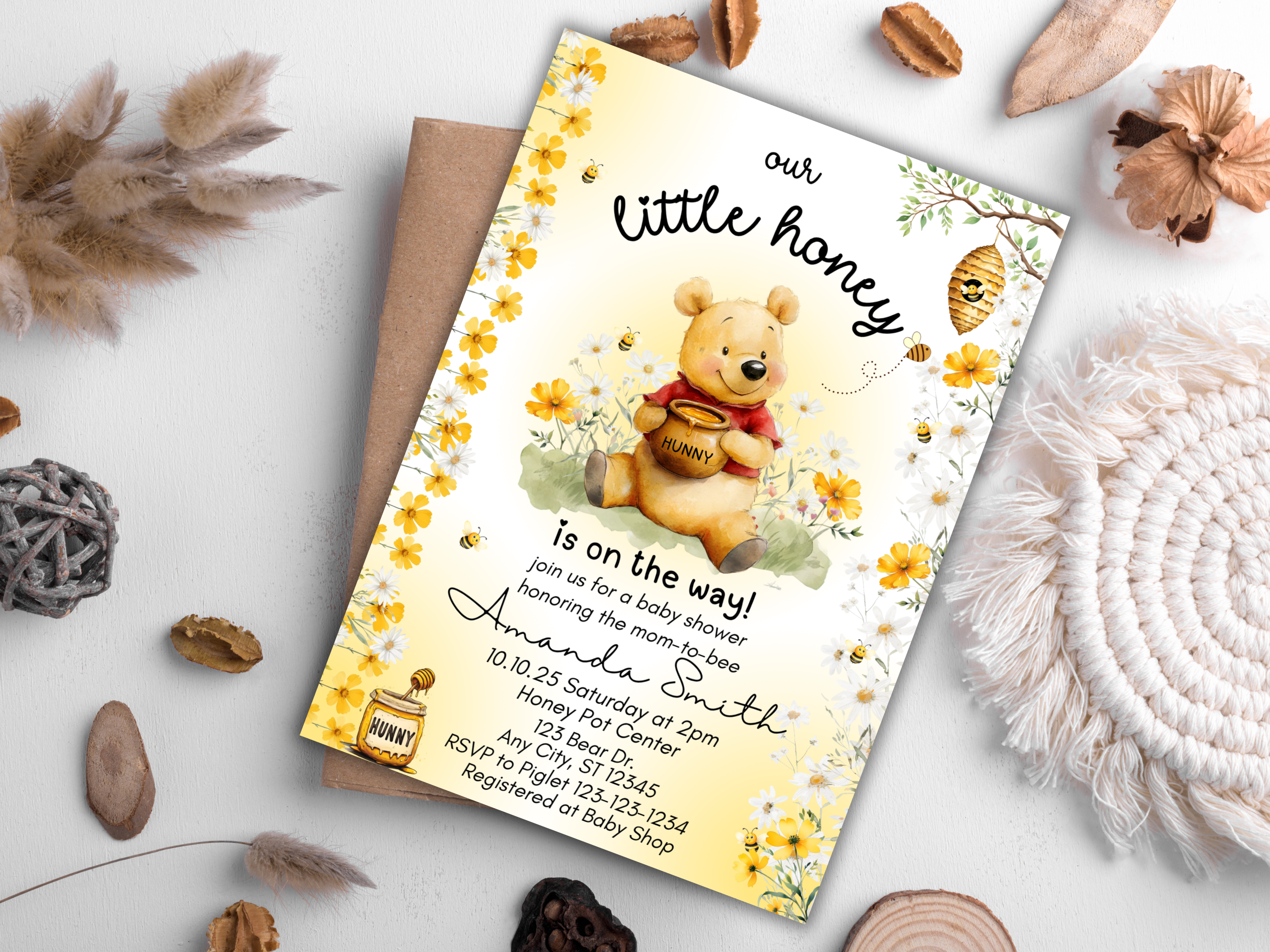 Editable Winnie The Pooh Baby Shower Invitation Template - Boho Gender Neutral Canva Download Front & Back