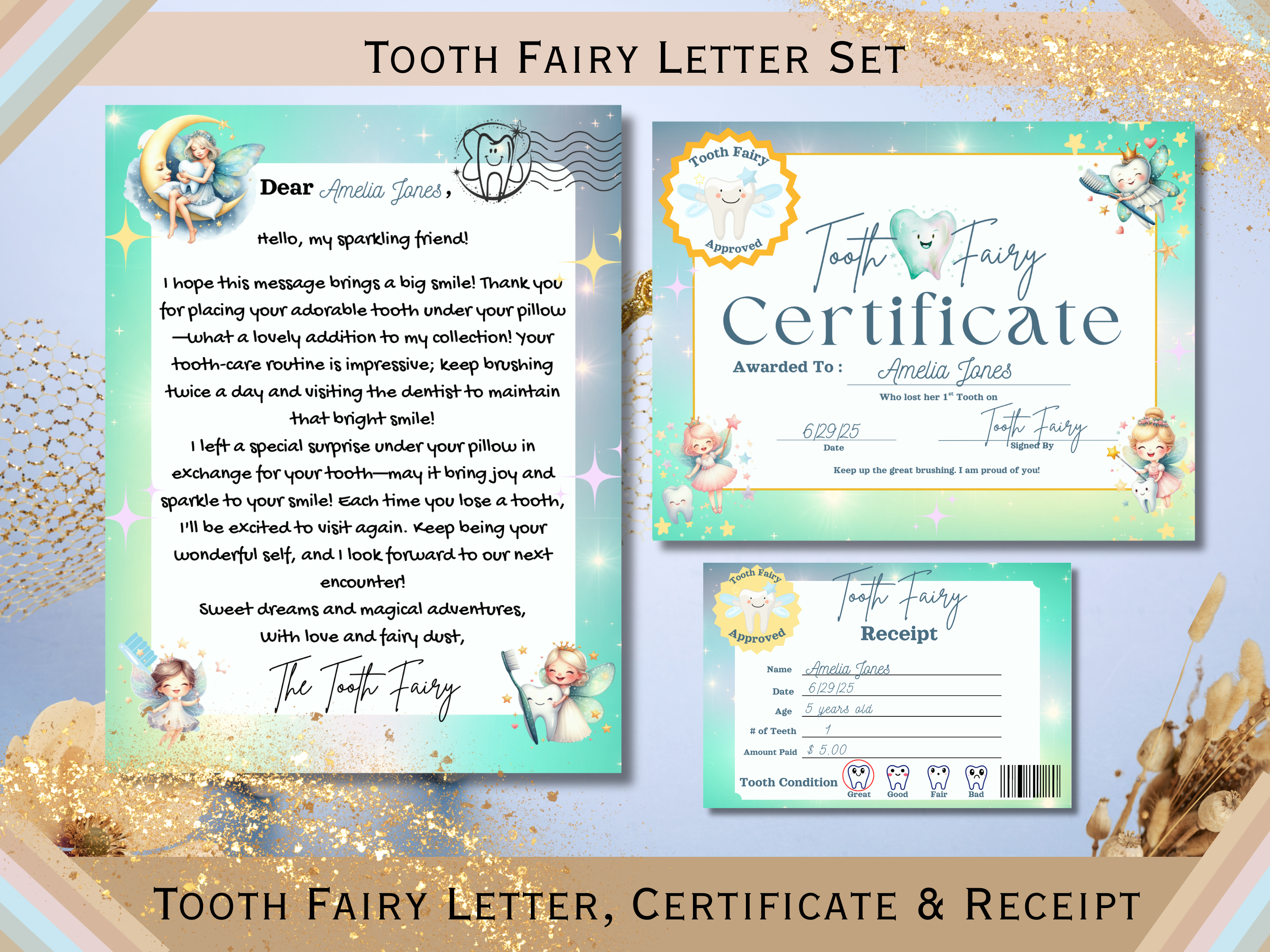 Tooth Fairy Letter Printable | Editable Glitter Tooth Fairy Certificate & Receipt for Lost Tooth Celebration