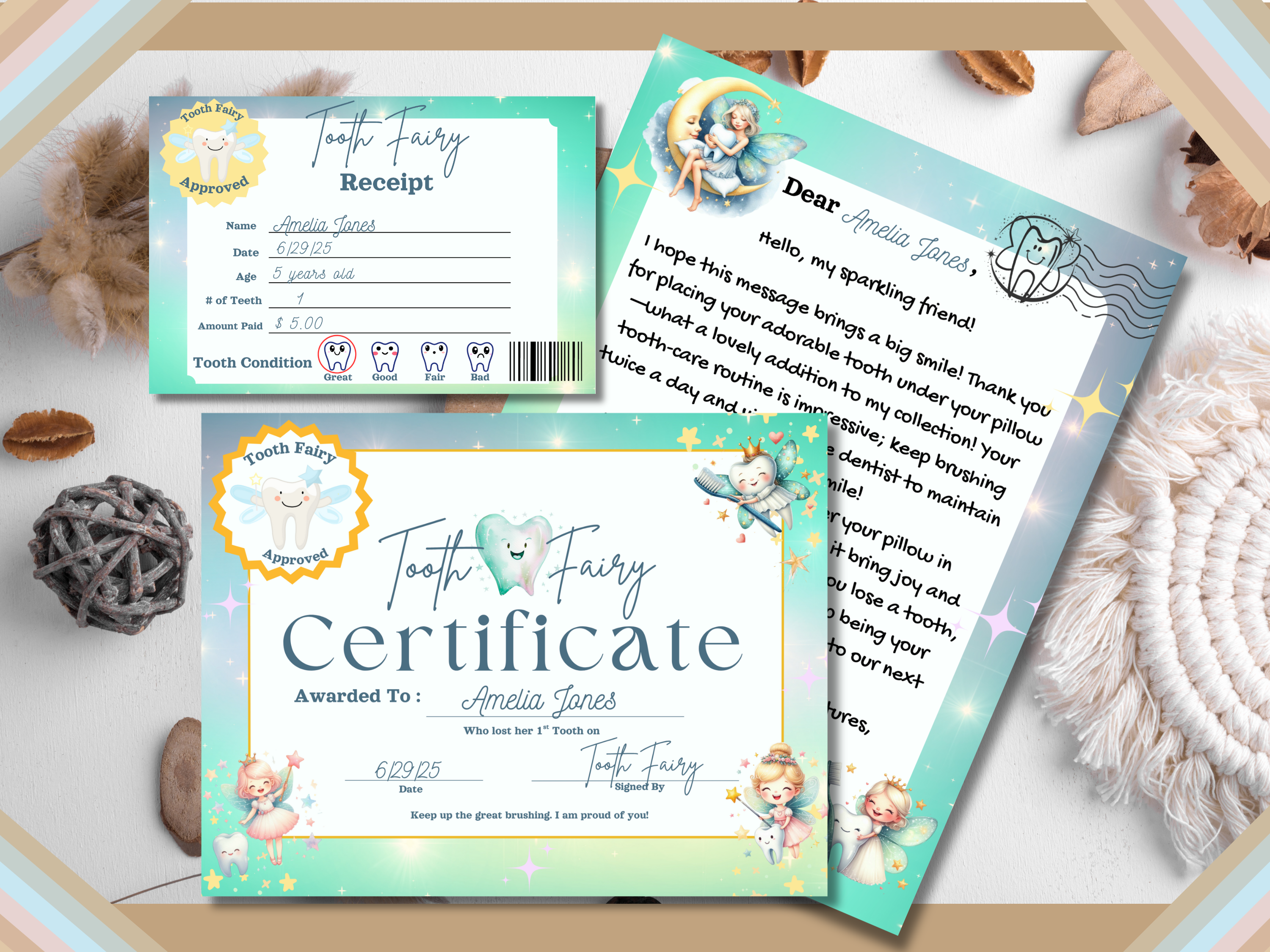 Tooth Fairy Letter Printable | Editable Glitter Tooth Fairy Certificate & Receipt for Lost Tooth Celebration