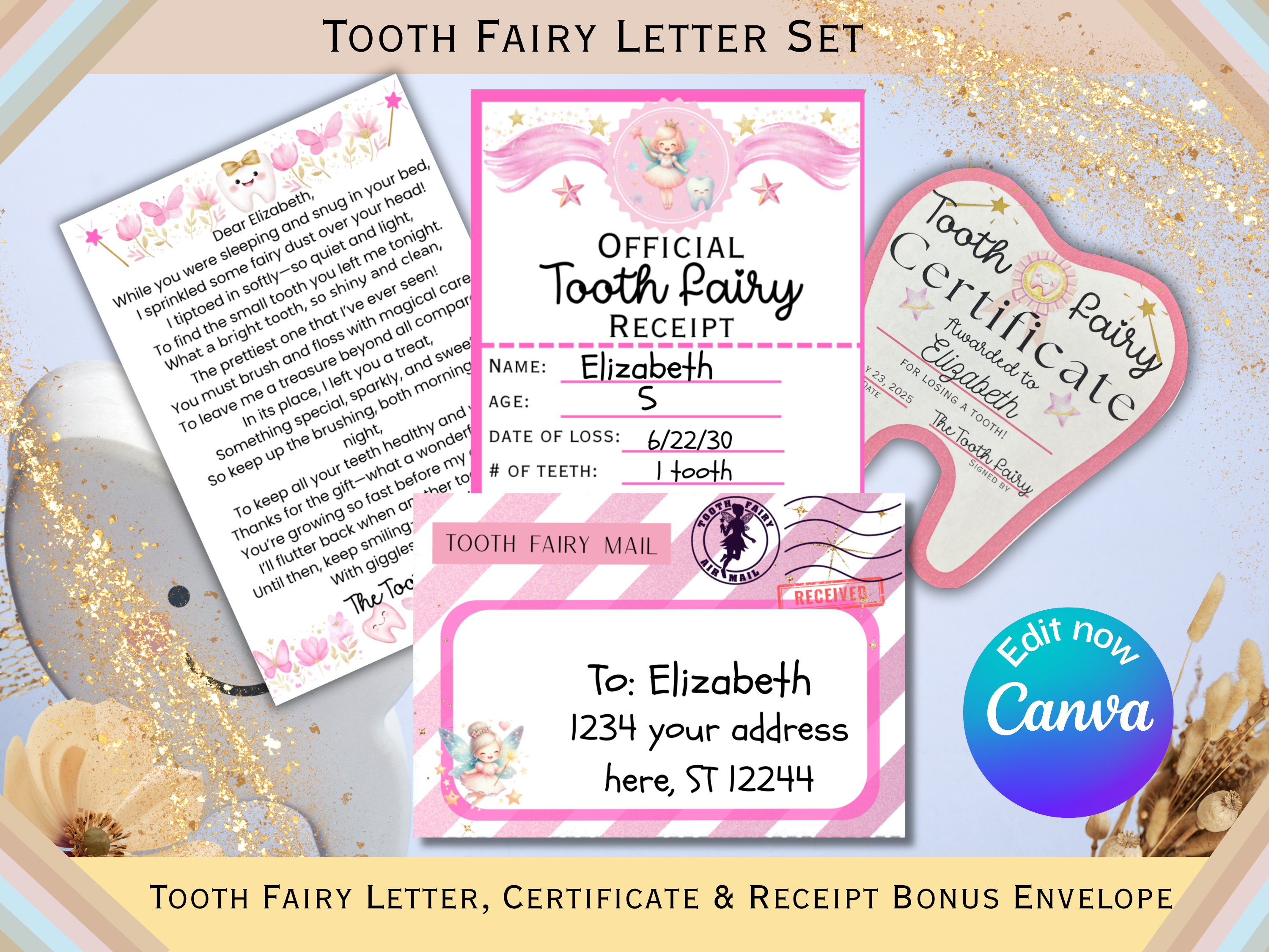 Tooth Fairy Letter Certificate Receipt Set | Pink Stars Mini Tooth Fairy Kit | 3.5x5 Envelope Printable | Cute Fairy Letter for Girls