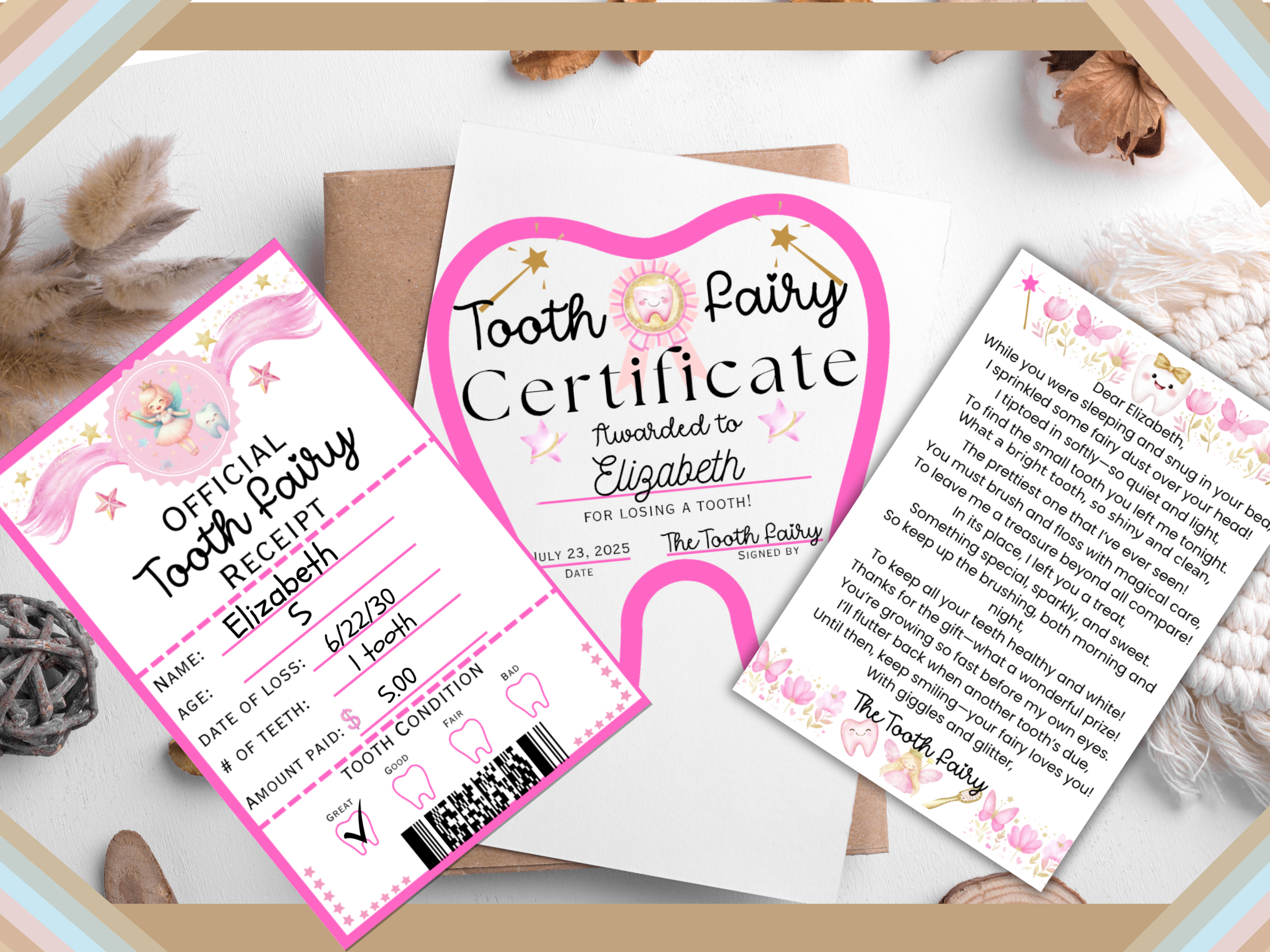 Tooth Fairy Letter Certificate Receipt Set | Pink Stars Mini Tooth Fairy Kit | 3.5x5 Envelope Printable | Cute Fairy Letter for Girls