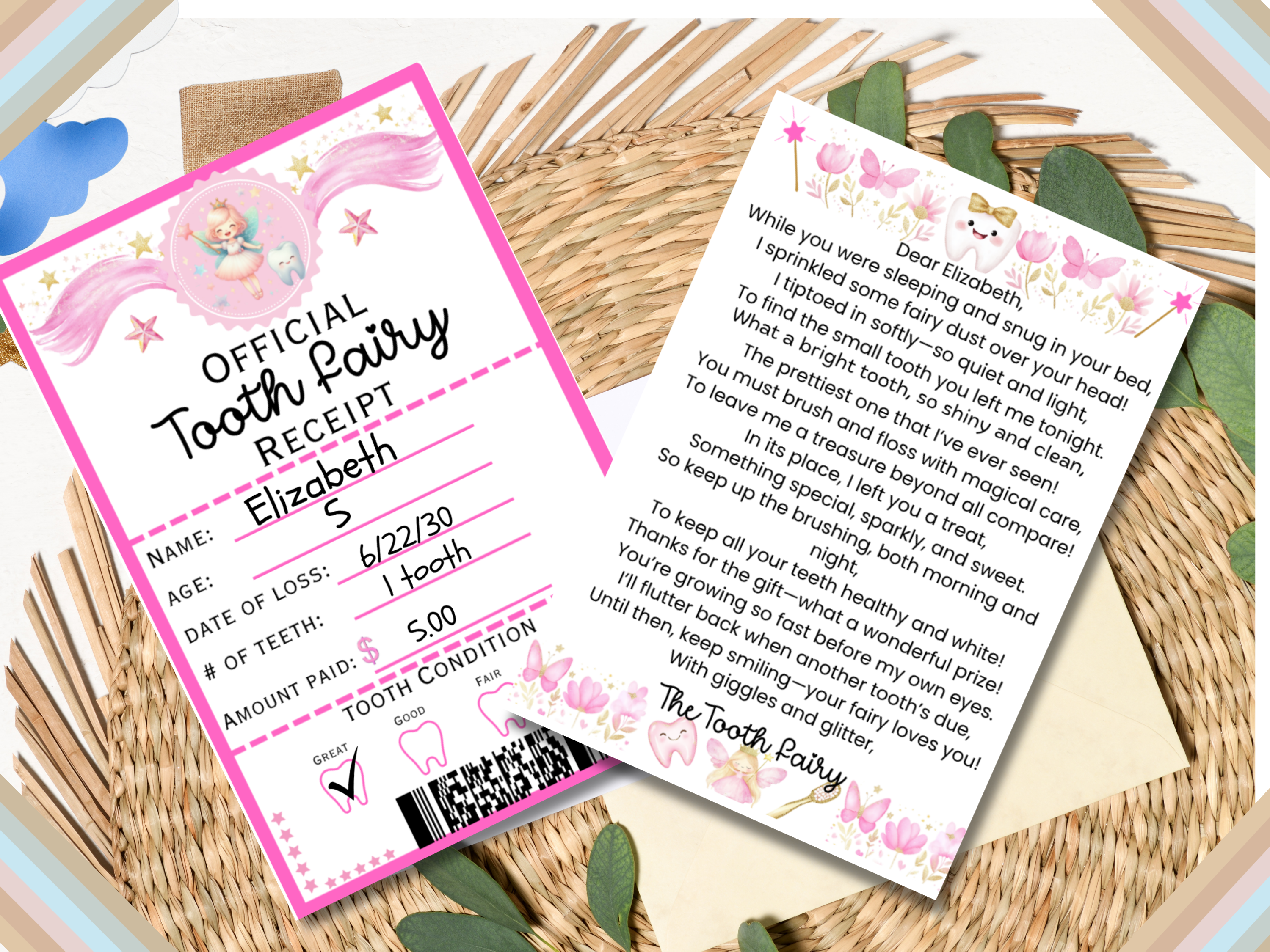 Tooth Fairy Letter Certificate Receipt Set | Pink Stars Mini Tooth Fairy Kit | 3.5x5 Envelope Printable | Cute Fairy Letter for Girls