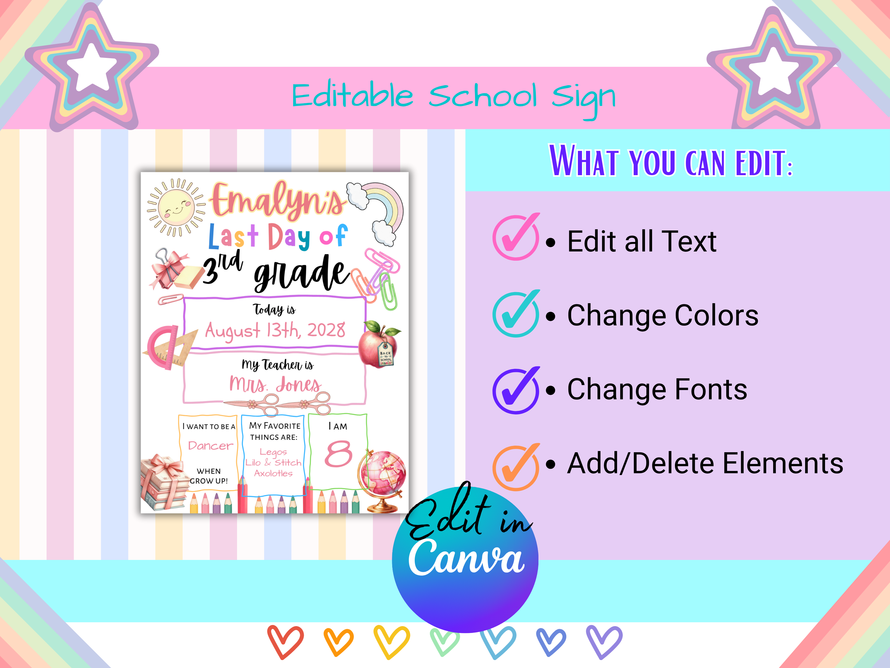 First or Last Day of School Sign Template, Editable Canva Back to School Sign for Any Grade or Age, Student Photo Prop Printable