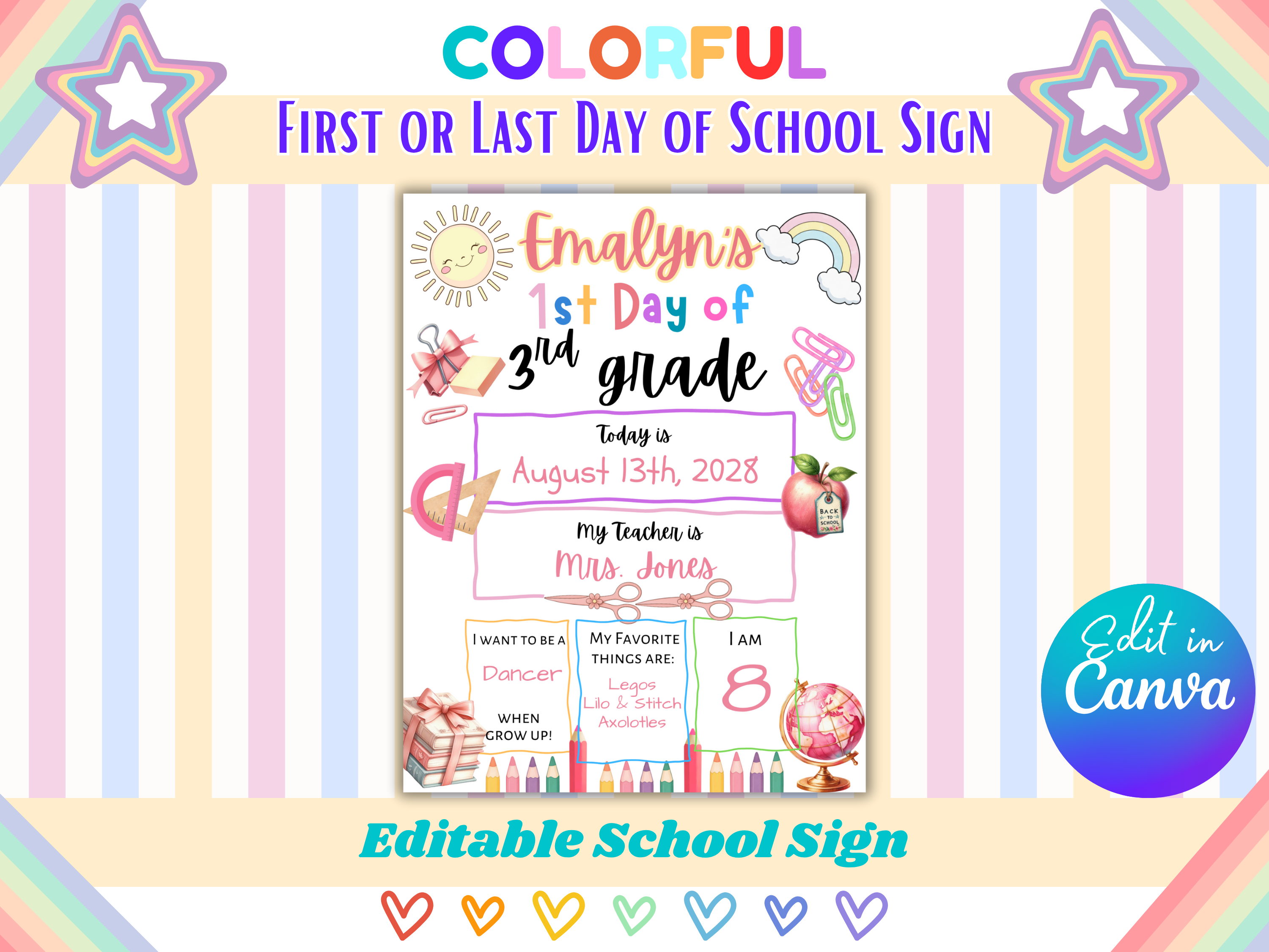 First or Last Day of School Sign Template, Editable Canva Back to School Sign for Any Grade or Age, Student Photo Prop Printable