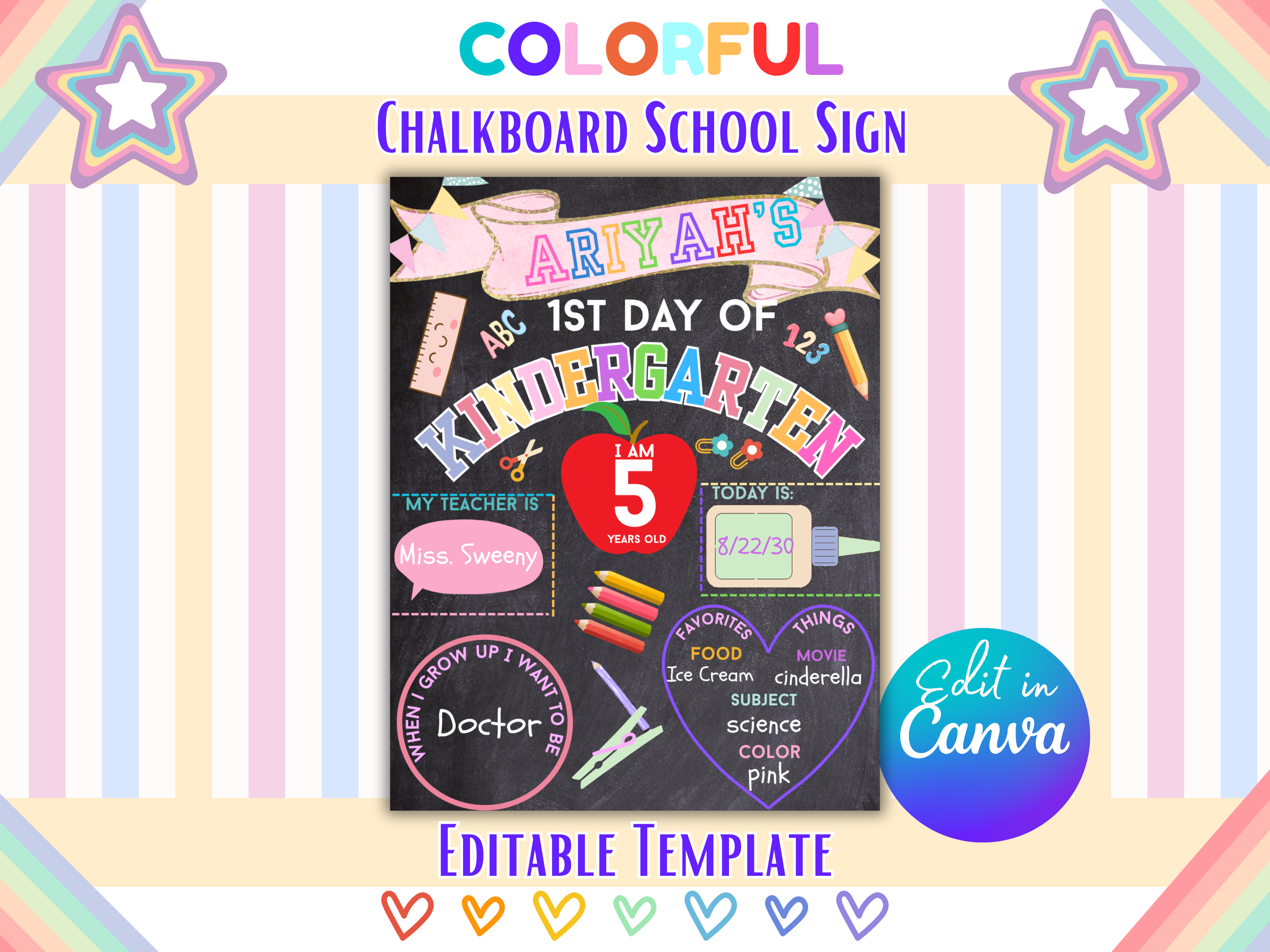 Editable First Day of School Sign Canva Template | Chalkboard Back to School Poster | 8.5x11 11x14 16x20 | Instant Download