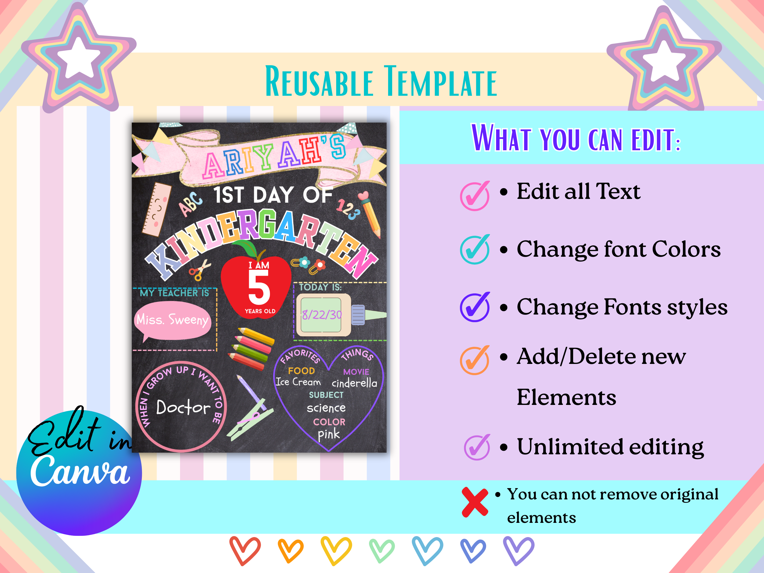 Editable First Day of School Sign Canva Template | Chalkboard Back to School Poster | 8.5x11 11x14 16x20 | Instant Download