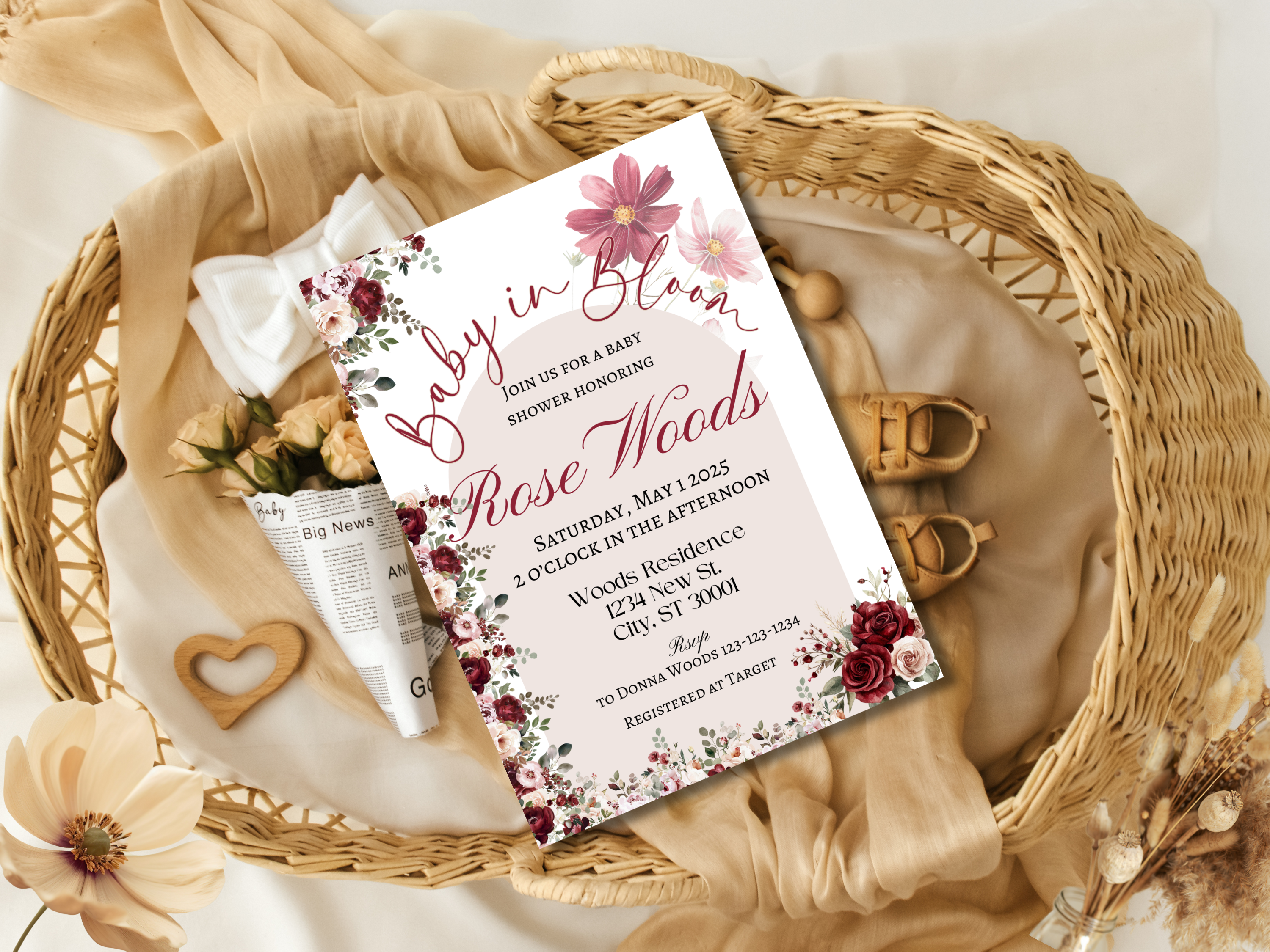 Baby in Bloom Baby Shower Invitation | Floral Rose Bloom Design | Digital Download | Editable Canva