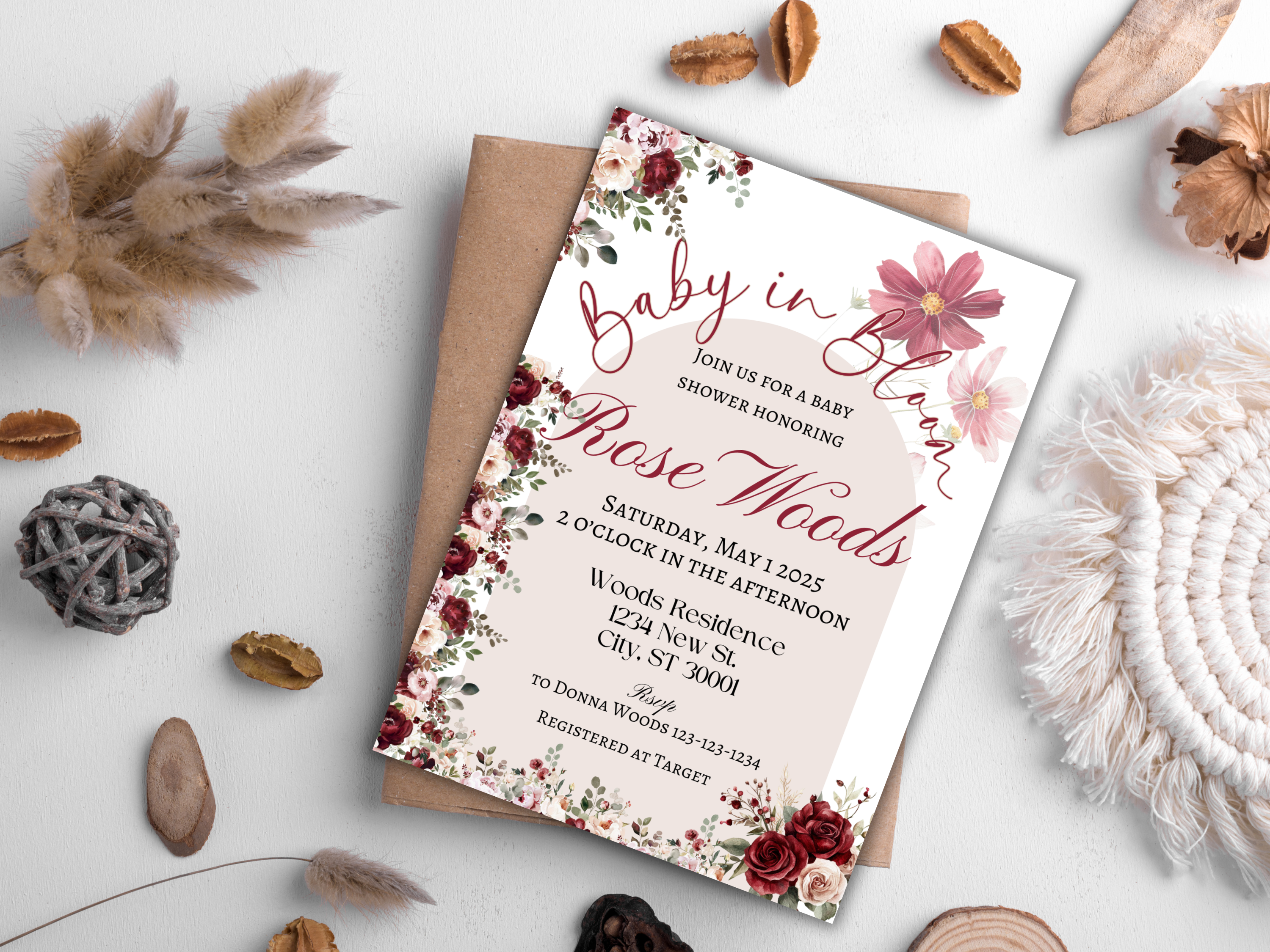 Baby in Bloom Baby Shower Invitation | Floral Rose Bloom Design | Digital Download | Editable Canva