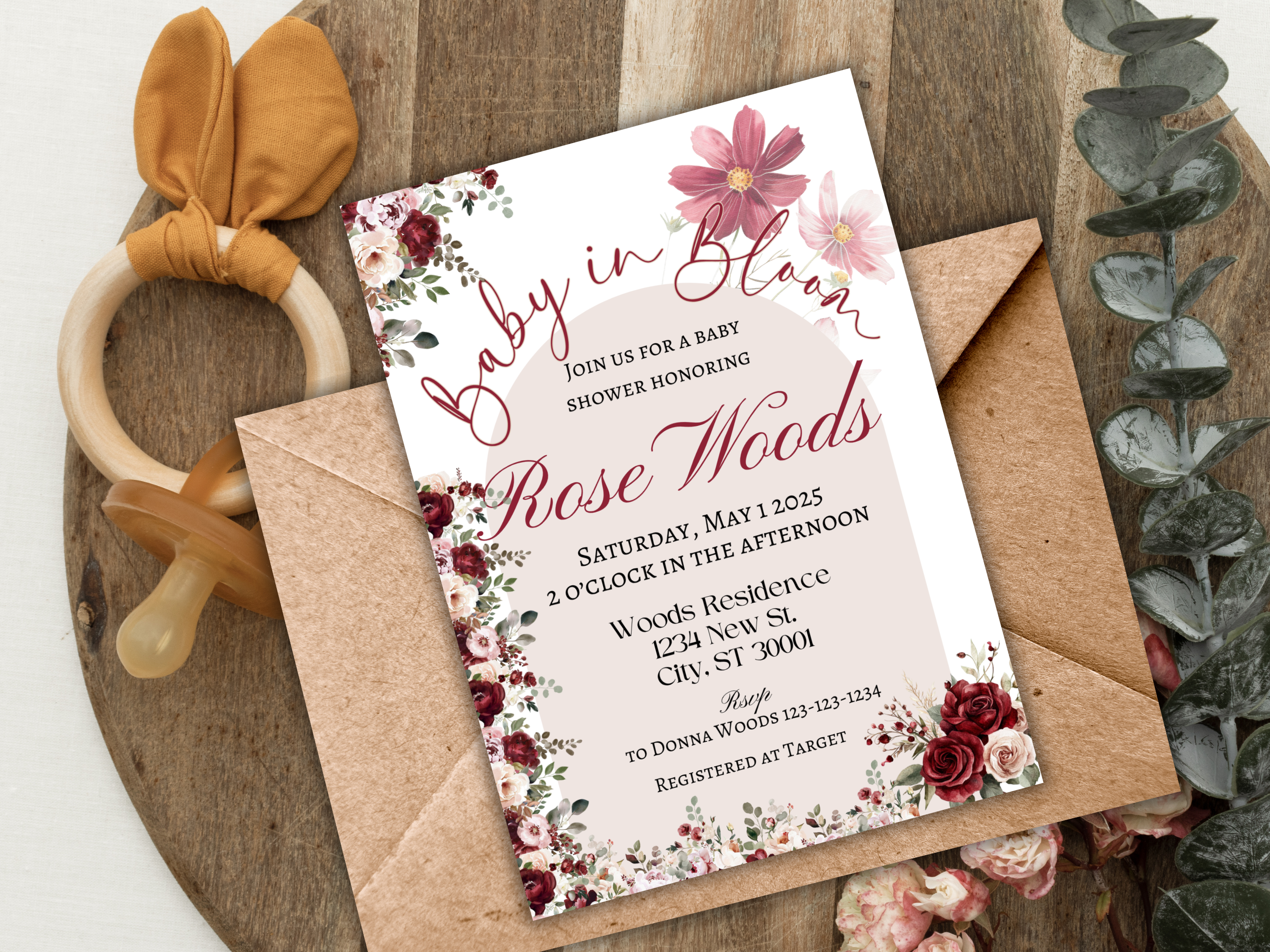 Baby in Bloom Baby Shower Invitation | Floral Rose Bloom Design | Digital Download | Editable Canva