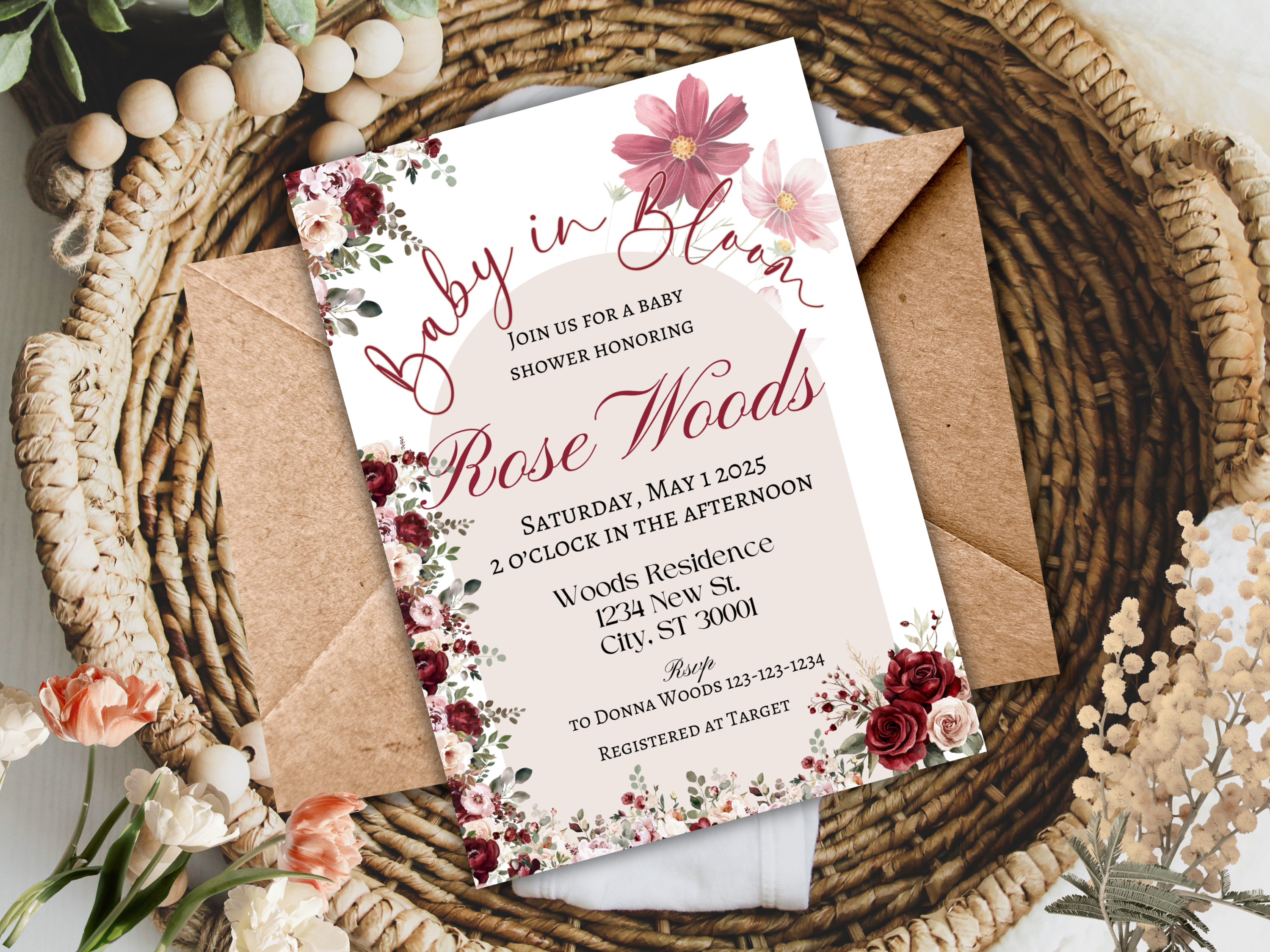 Baby in Bloom Baby Shower Invitation | Floral Rose Bloom Design | Digital Download | Editable Canva
