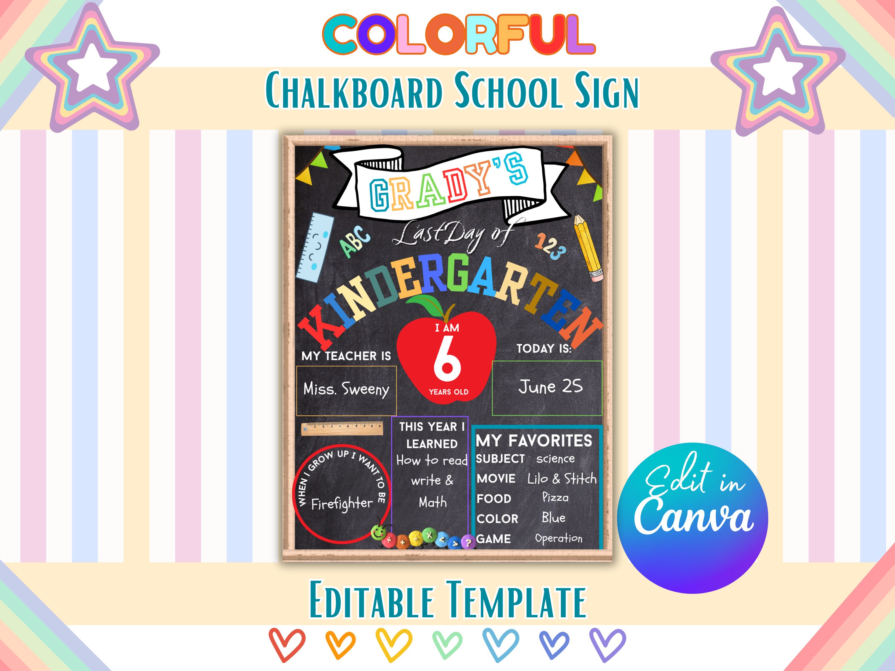 Editable First Day of School Sign Canva Template | Chalkboard Back to School Poster | 8.5x11 11x14 16x20 | Instant Download