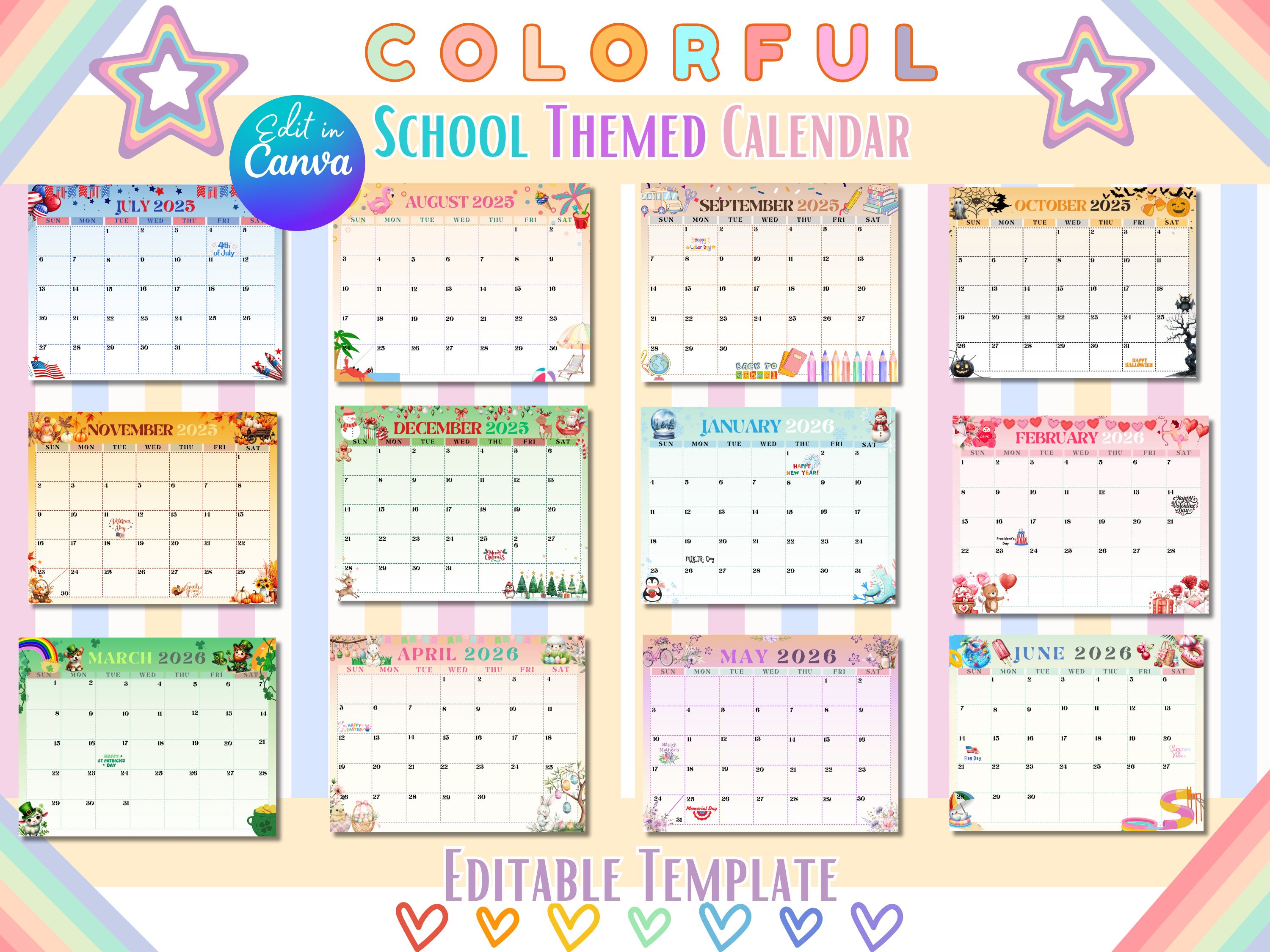 School Year Monthly Calendar 2025-2026 Printable & Editable Canva Template for Kids Teacher Homeschool Planner PDF Instant Download