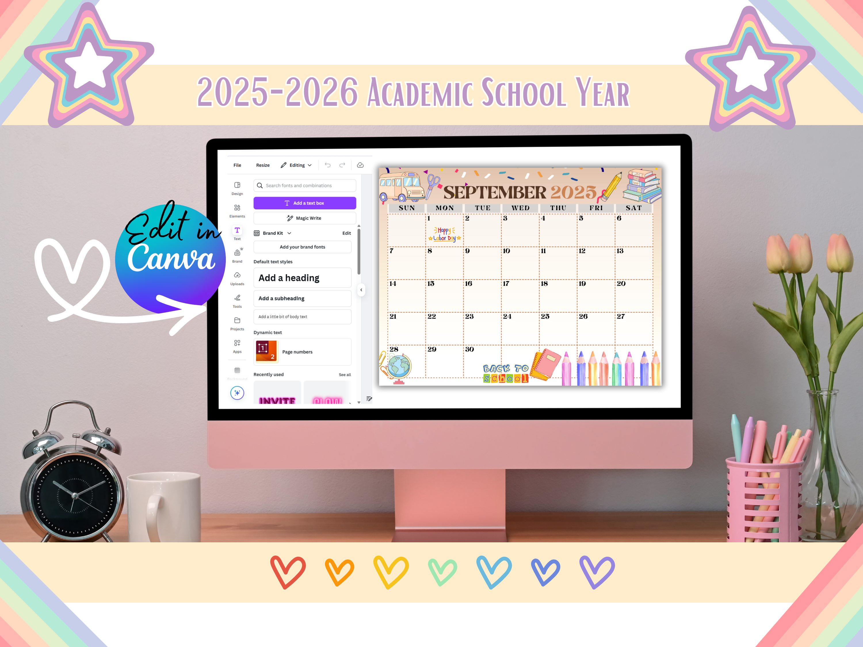 School Year Monthly Calendar 2025-2026 Printable & Editable Canva Template for Kids Teacher Homeschool Planner PDF Instant Download