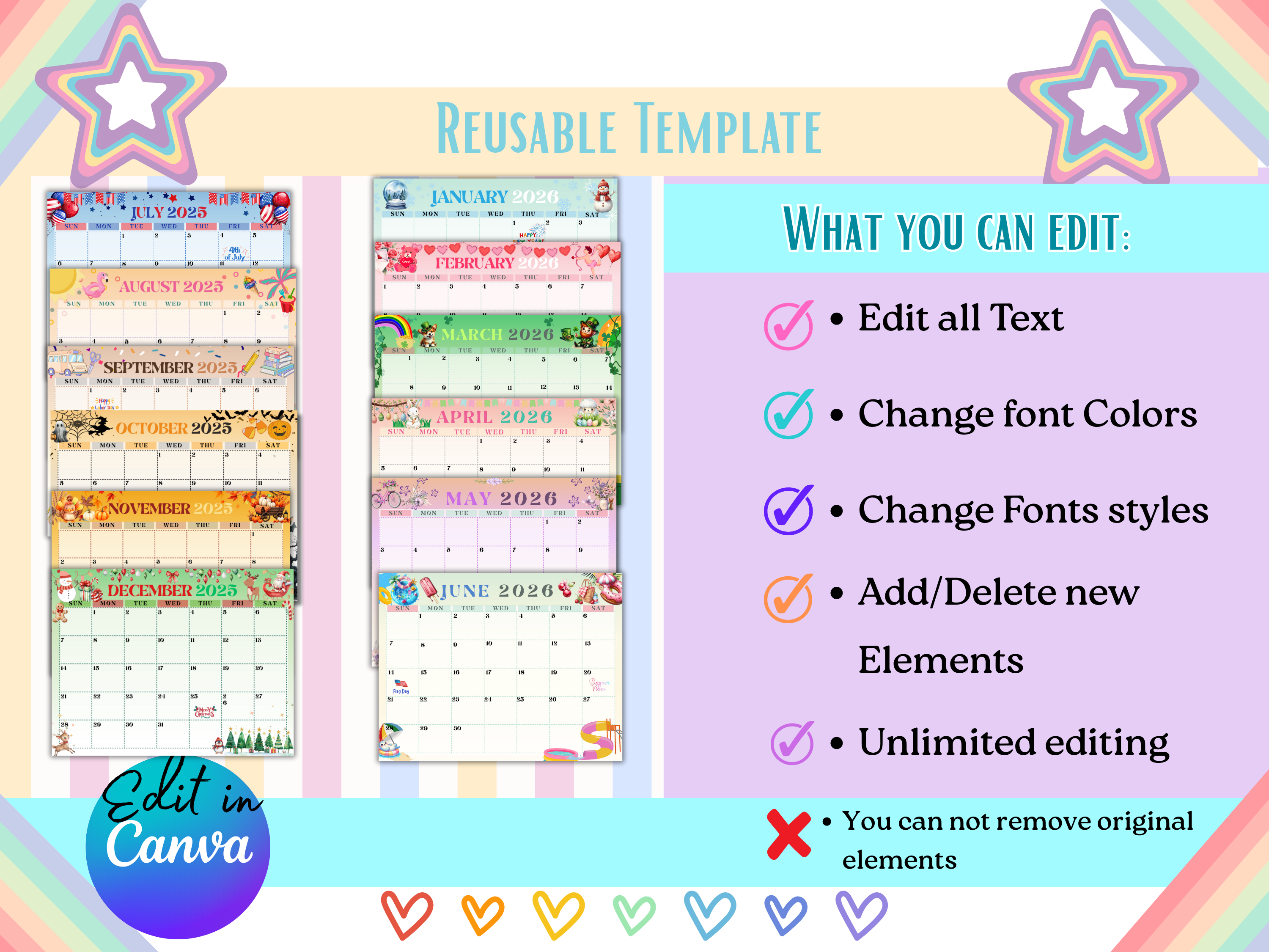 School Year Monthly Calendar 2025-2026 Printable & Editable Canva Template for Kids Teacher Homeschool Planner PDF Instant Download