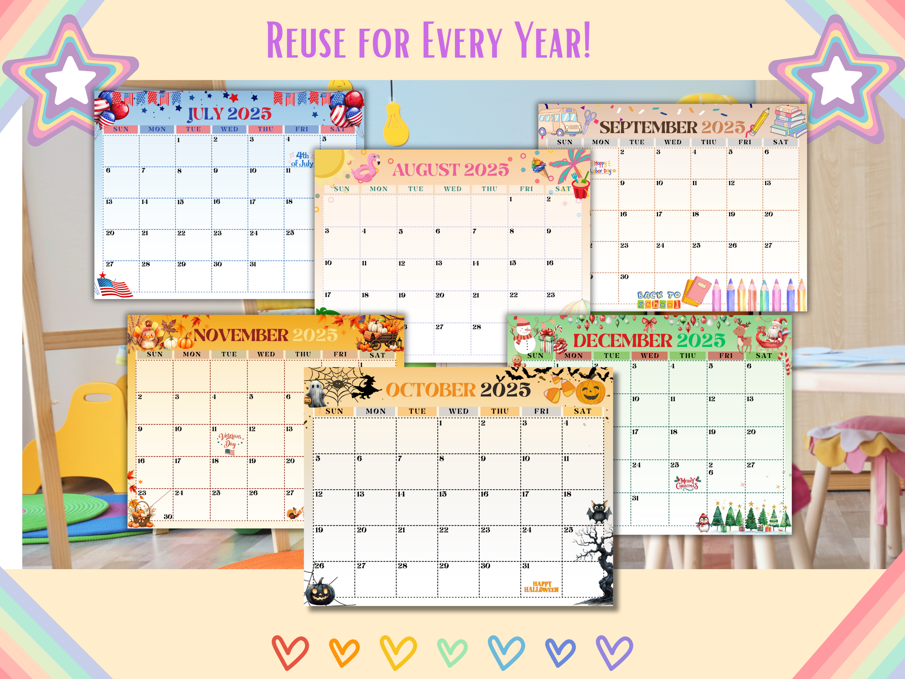 School Year Monthly Calendar 2025-2026 Printable & Editable Canva Template for Kids Teacher Homeschool Planner PDF Instant Download