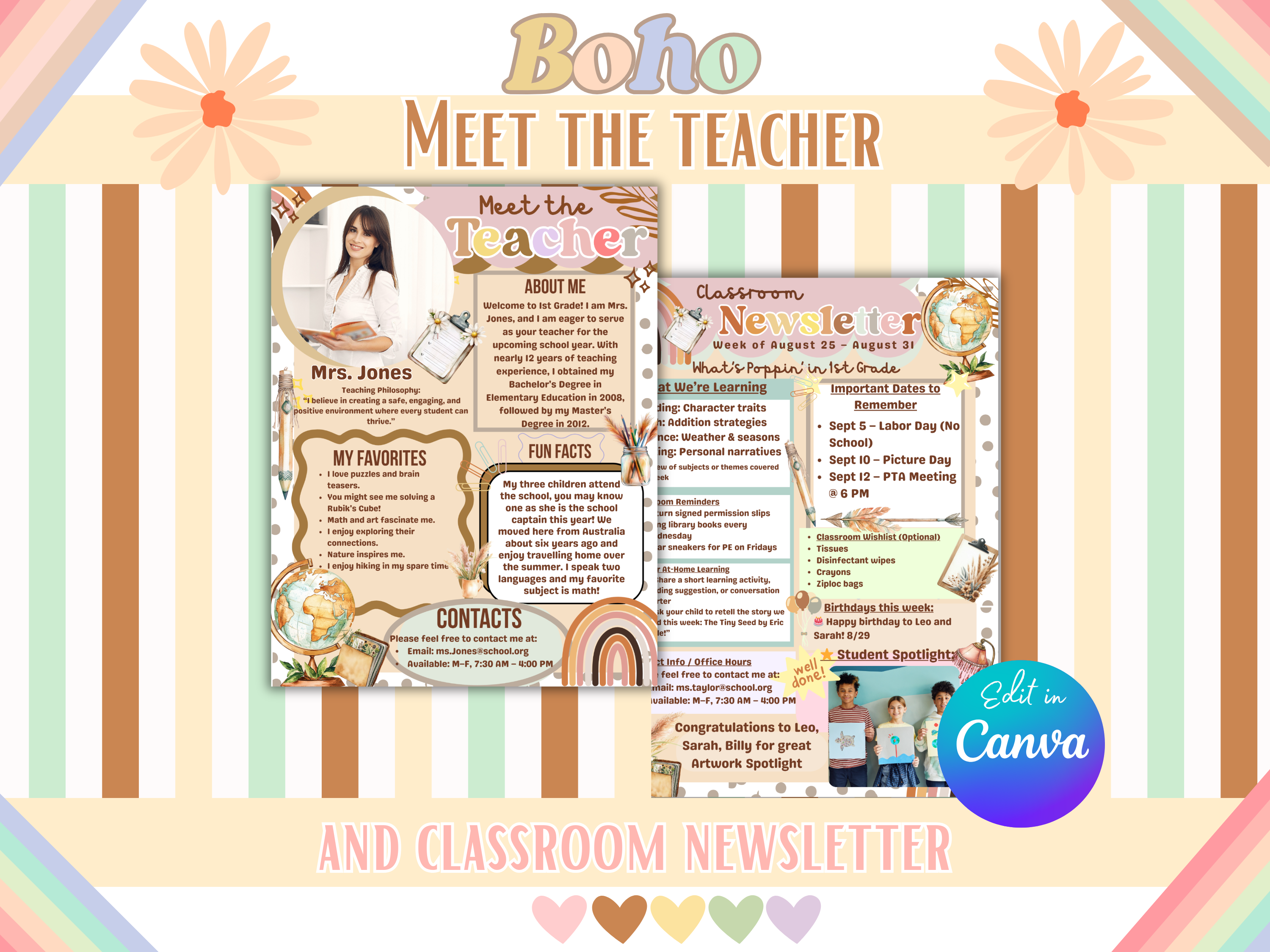 Boho Meet the Teacher Template Editable Neutral Canva Welcome Letter & Back to School Newsletter Reusable Digital Instant Download