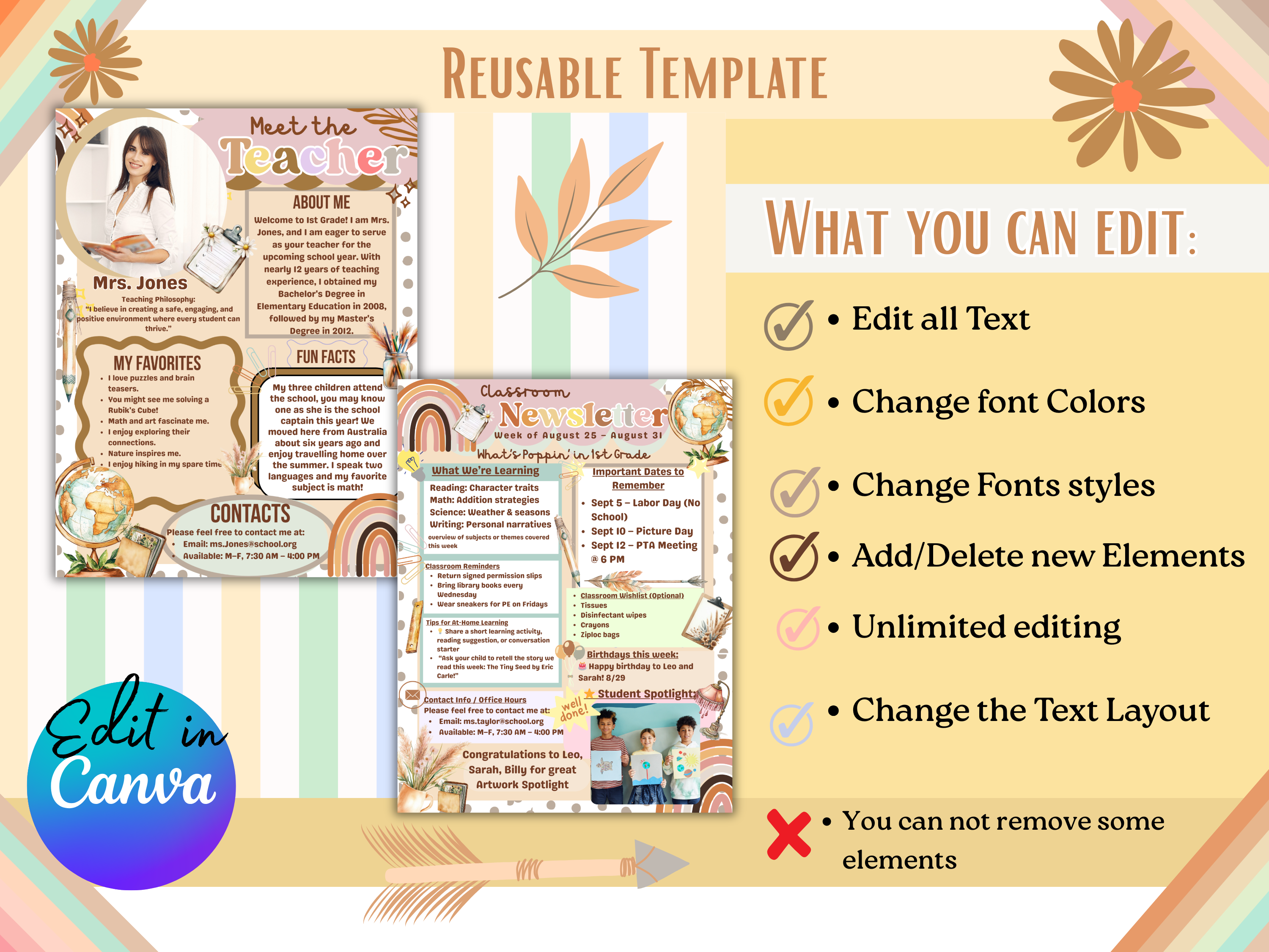Boho Meet the Teacher Template Editable Neutral Canva Welcome Letter & Back to School Newsletter Reusable Digital Instant Download