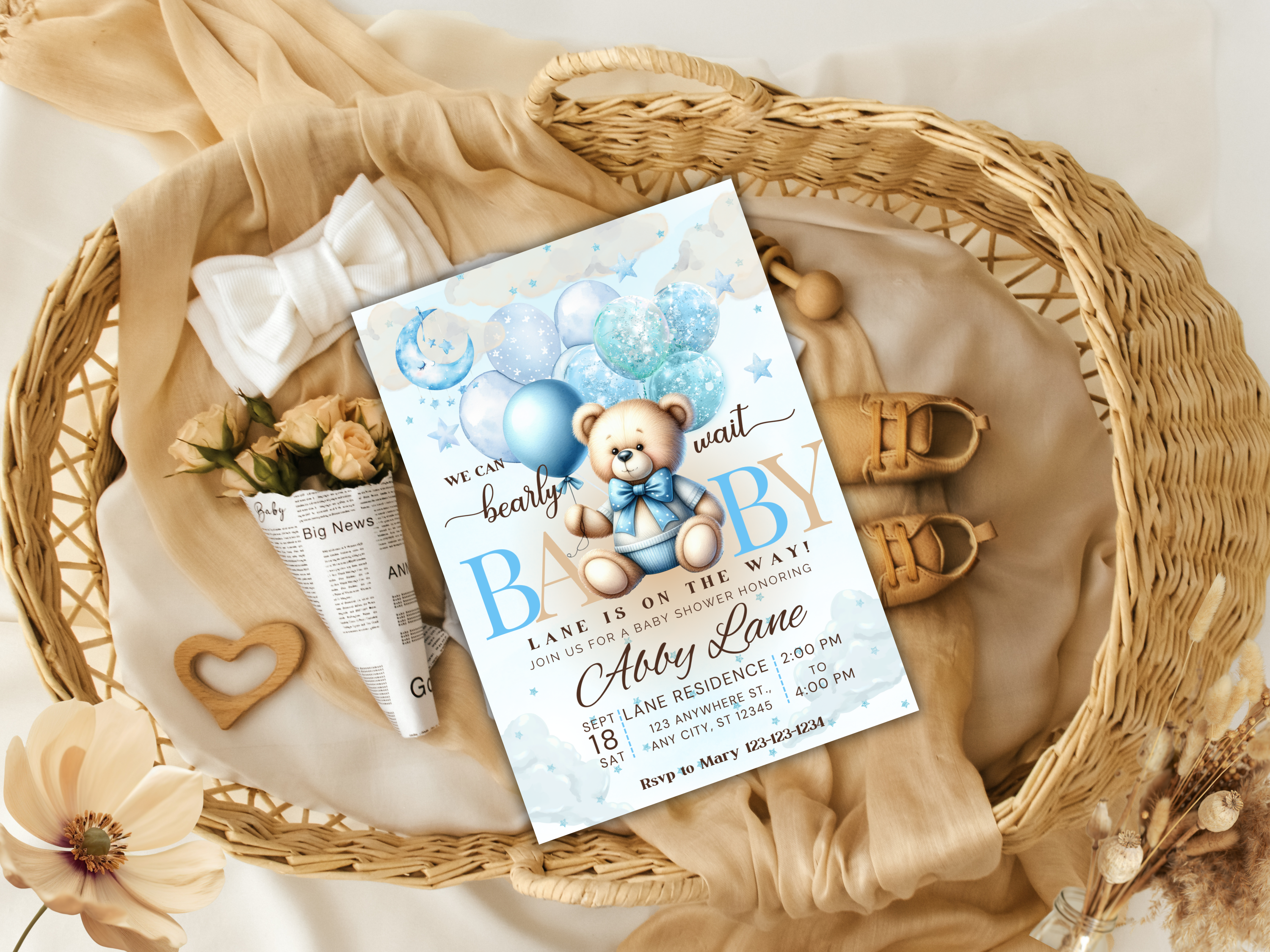 We Can Bearly Wait | Teddy Bear Baby Shower Invitation | Digital Download | Editable Text| Baby Shower Invitation