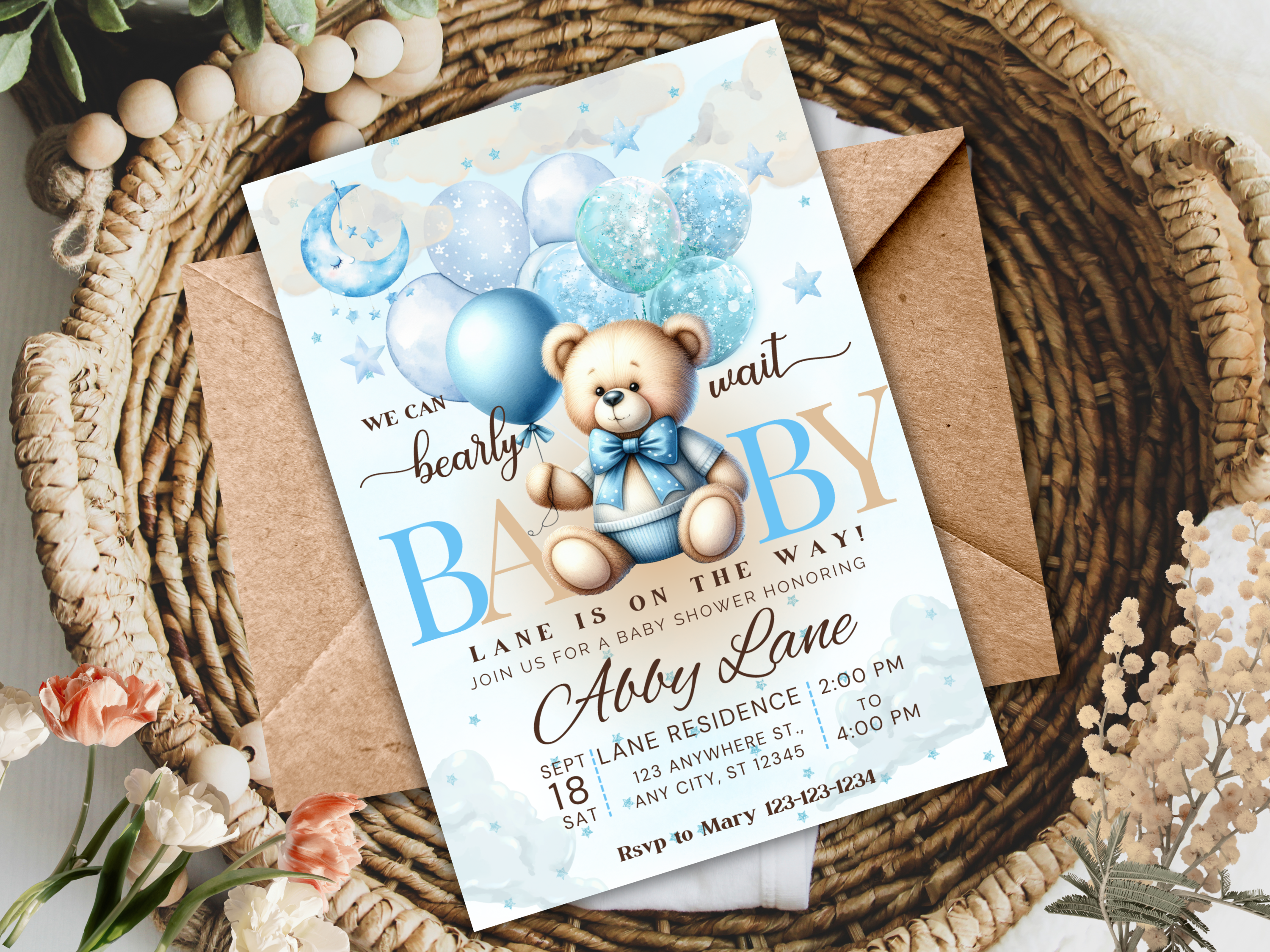 We Can Bearly Wait | Teddy Bear Baby Shower Invitation | Digital Download | Editable Text| Baby Shower Invitation