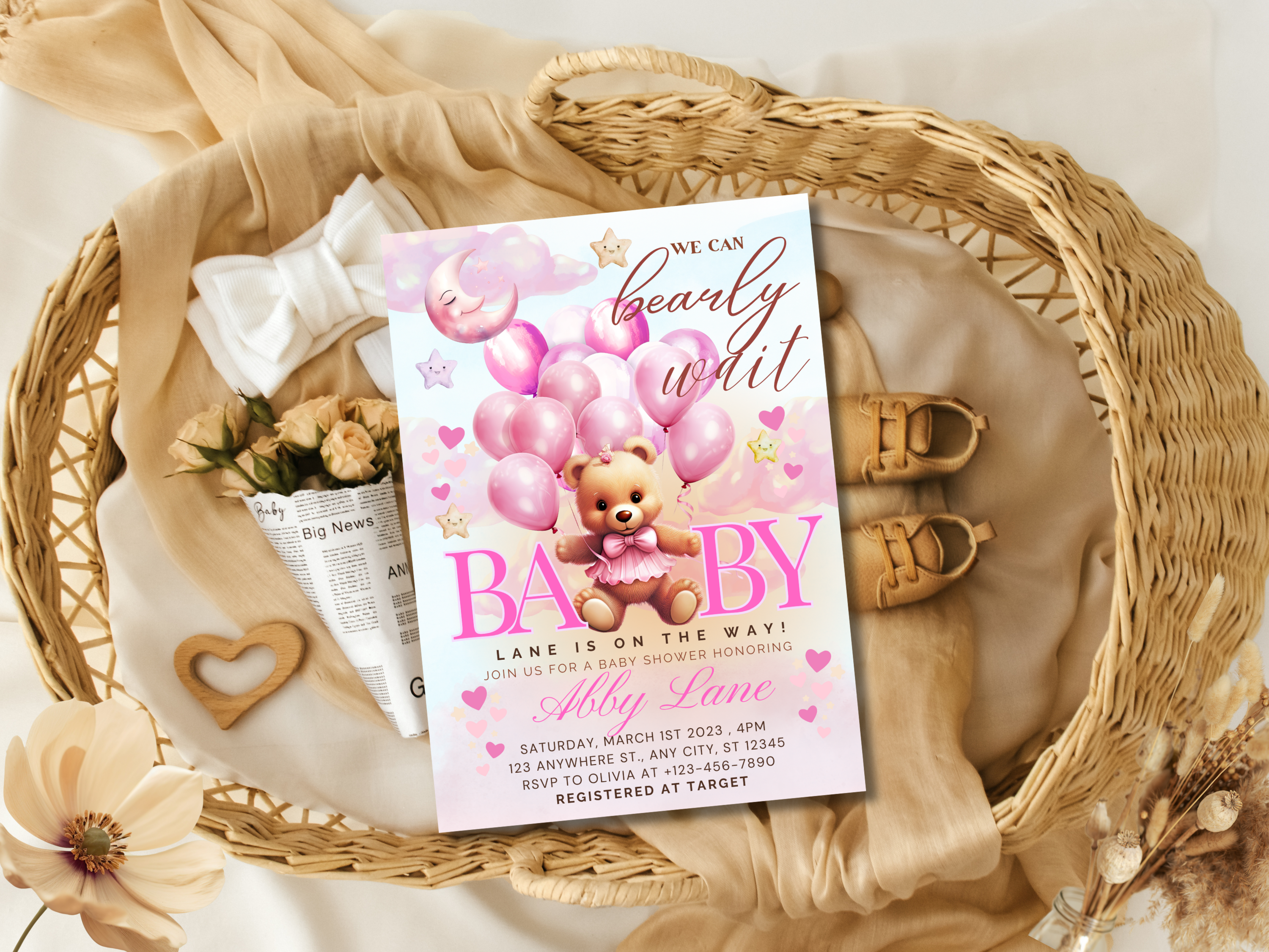 Pink Teddy Bear Baby Shower Invitation | Editable Canva Template | Digital Download | Bear Invitation | Baby Shower Invitation | Edit Text