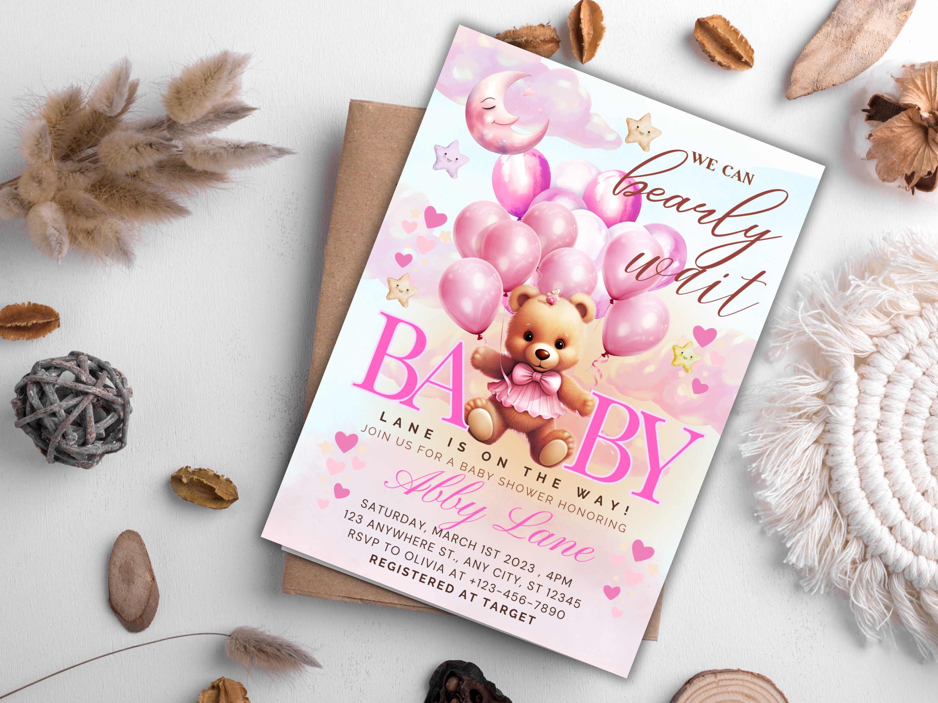 Pink Teddy Bear Baby Shower Invitation | Editable Canva Template | Digital Download | Bear Invitation | Baby Shower Invitation | Edit Text