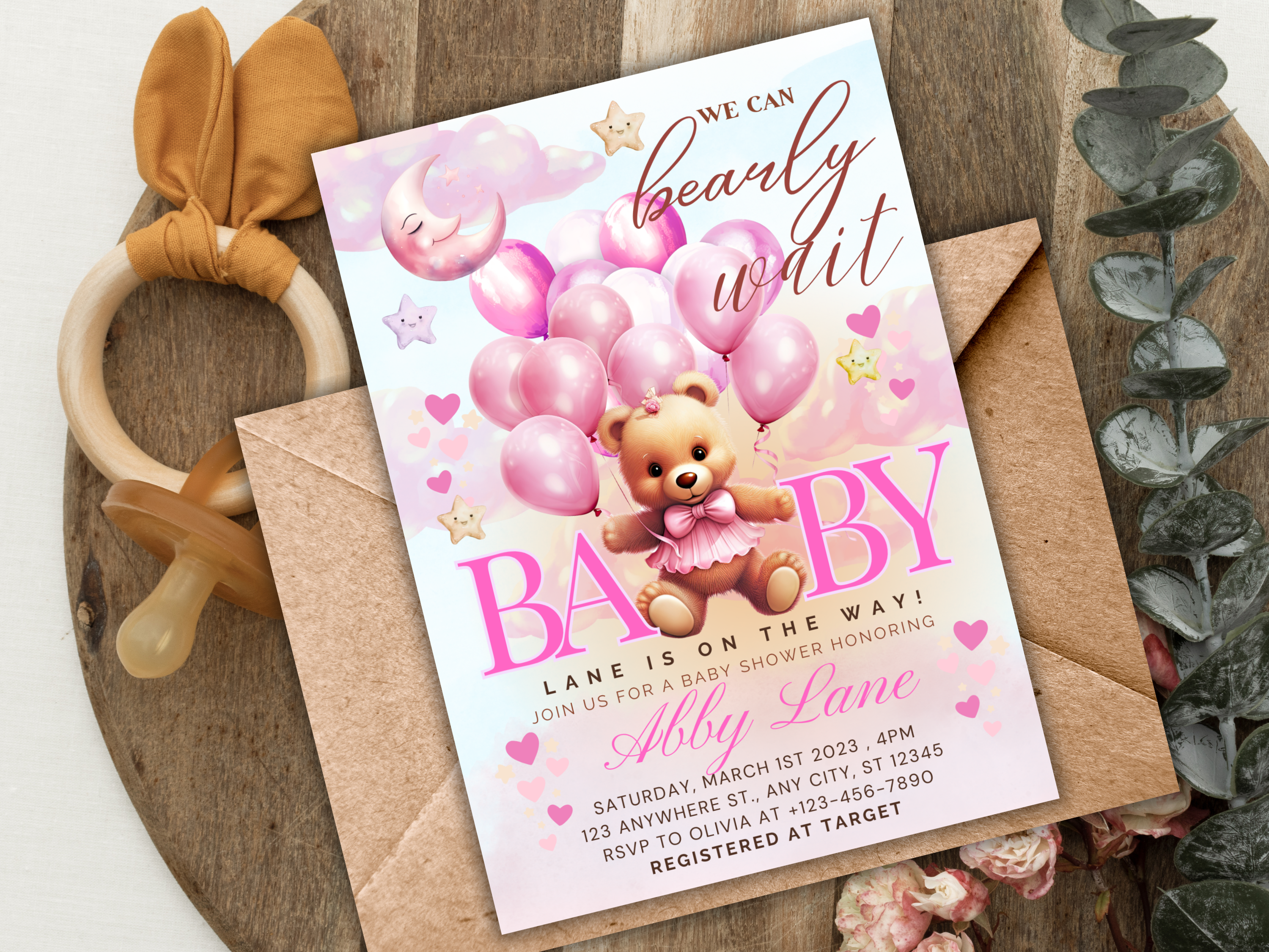 Pink Teddy Bear Baby Shower Invitation | Editable Canva Template | Digital Download | Bear Invitation | Baby Shower Invitation | Edit Text