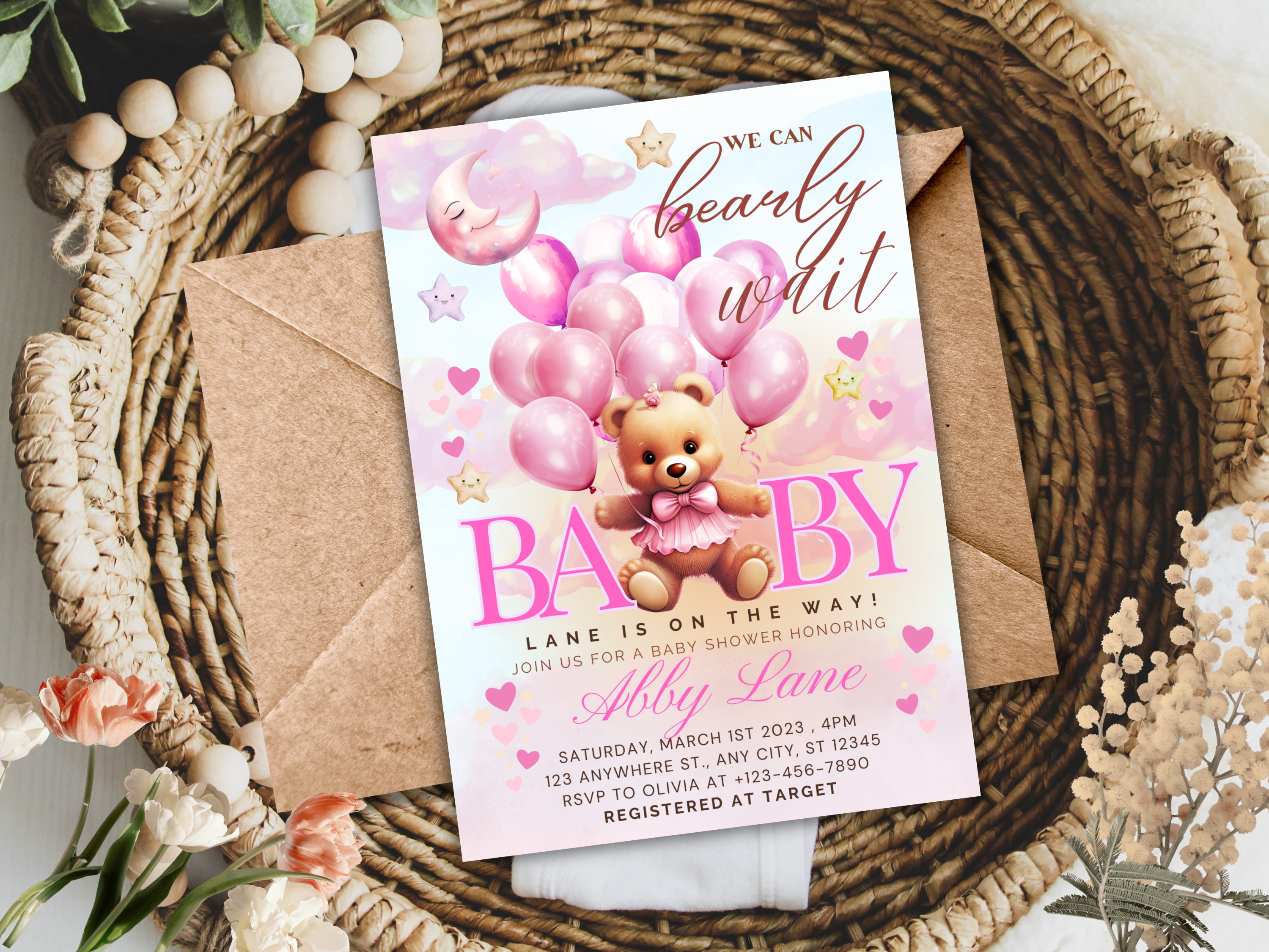 Pink Teddy Bear Baby Shower Invitation | Editable Canva Template | Digital Download | Bear Invitation | Baby Shower Invitation | Edit Text
