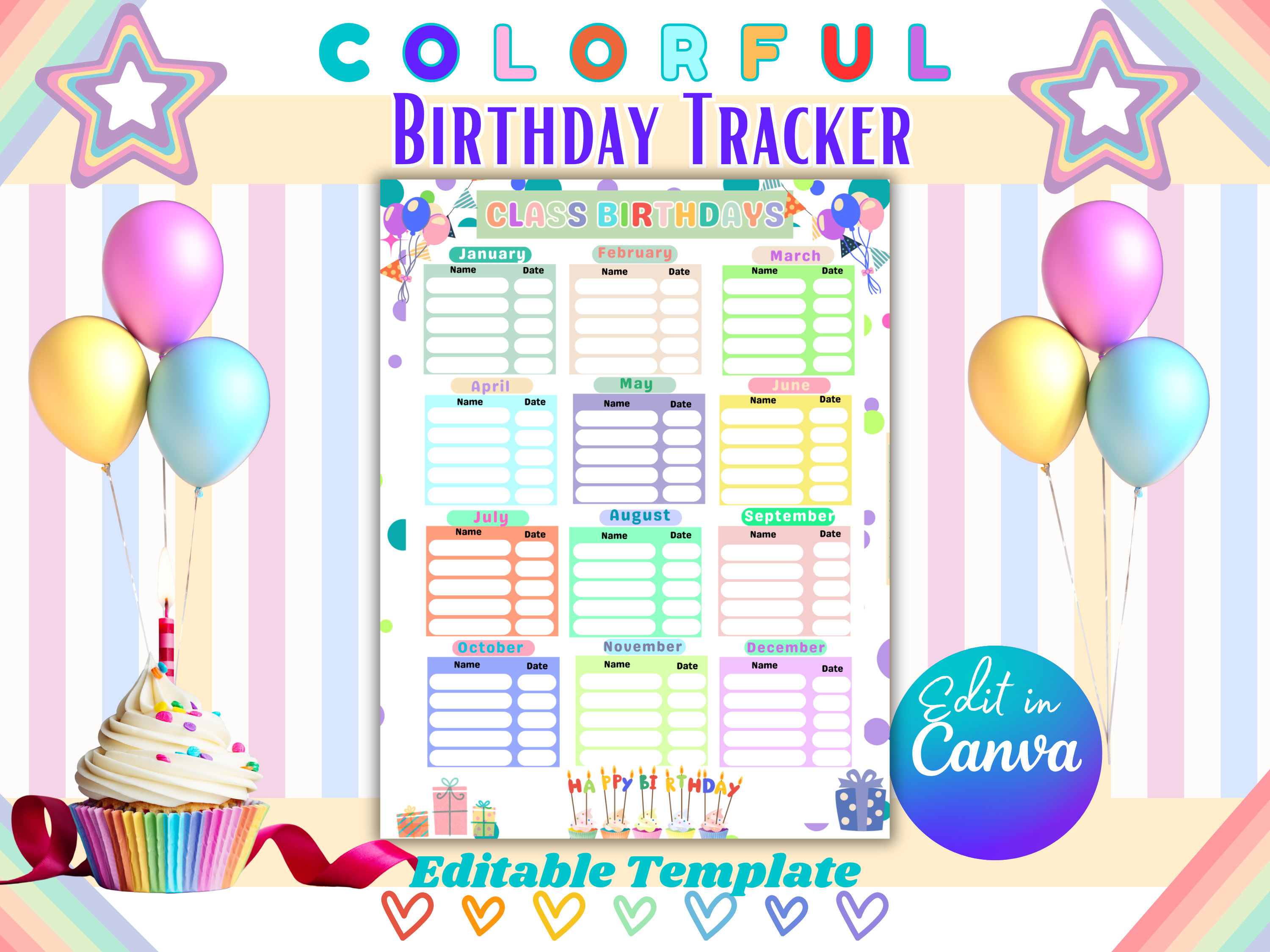 Birthday Tracker PDF Editable Classroom Birthday List Calendar Printable Student Birthday Organizer Reminder Canva Download