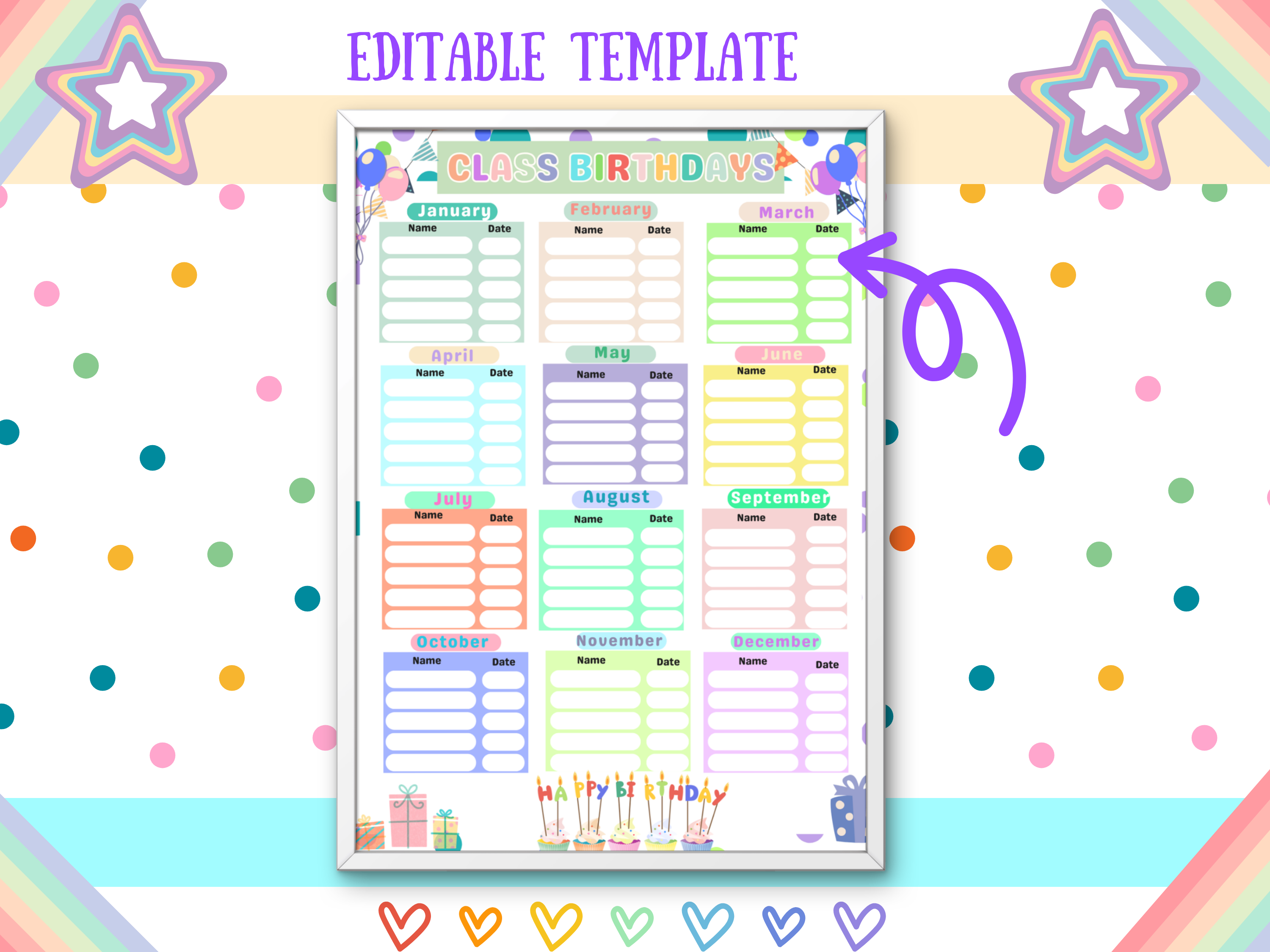 Birthday Tracker PDF Editable Classroom Birthday List Calendar Printable Student Birthday Organizer Reminder Canva Download
