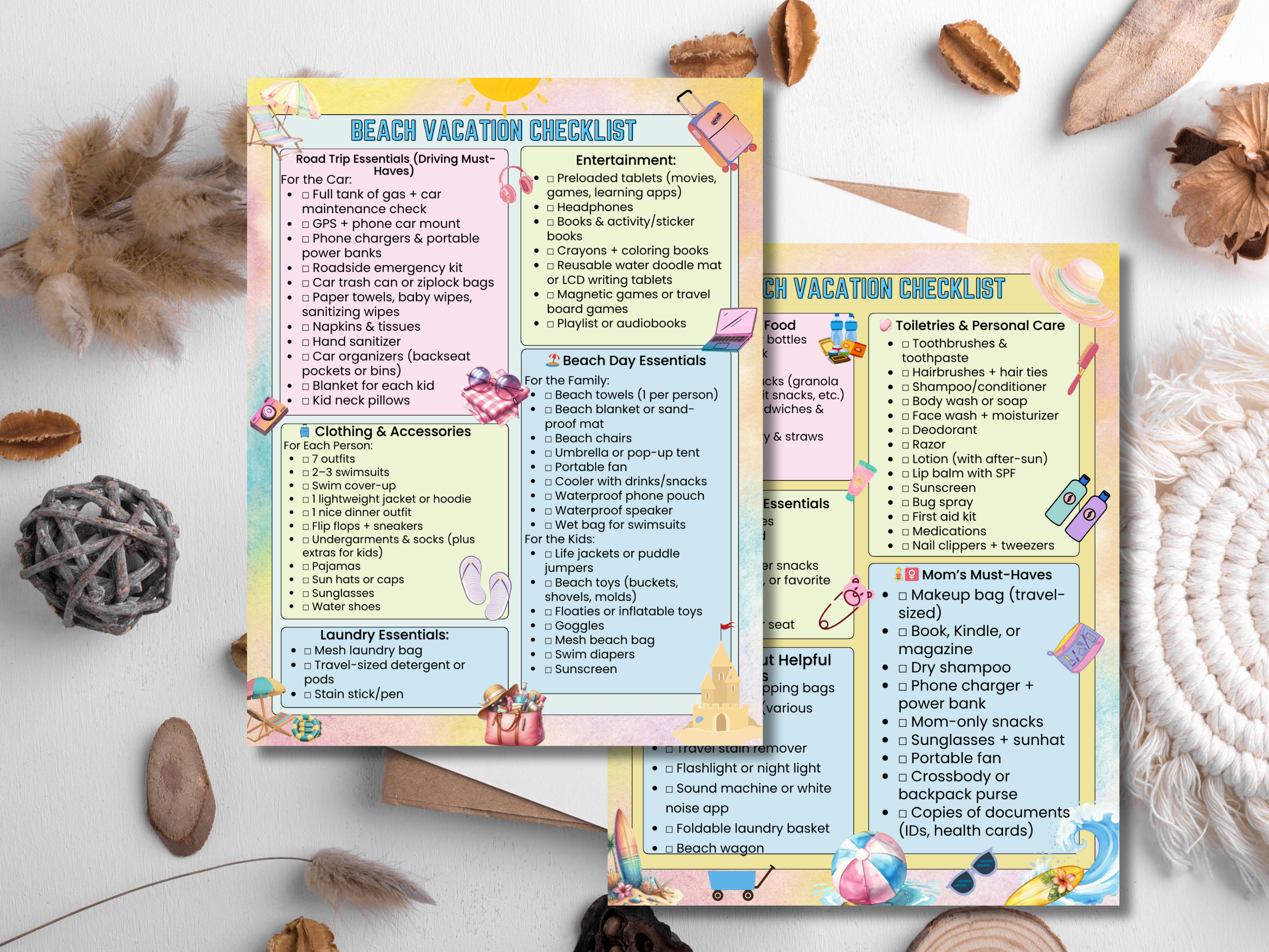 Beach Packing List Printable Editable 2 Page Vacation Checklist