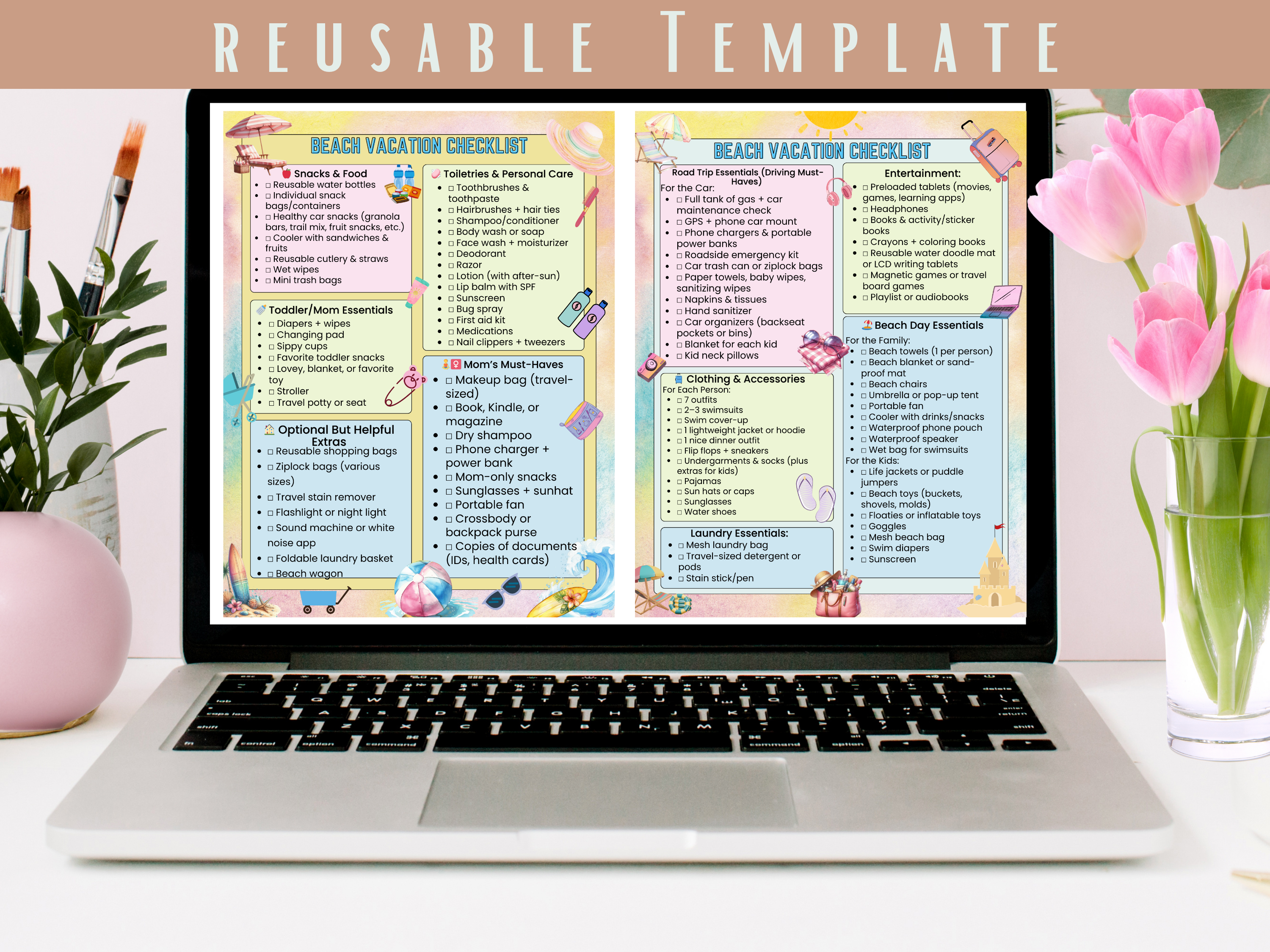 Beach Packing List Printable Editable 2 Page Vacation Checklist