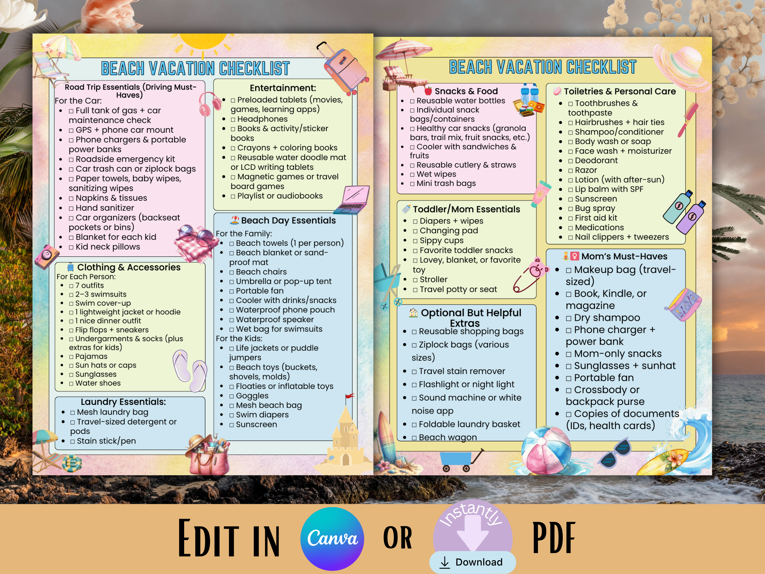 Beach Packing List Printable Editable 2 Page Vacation Checklist