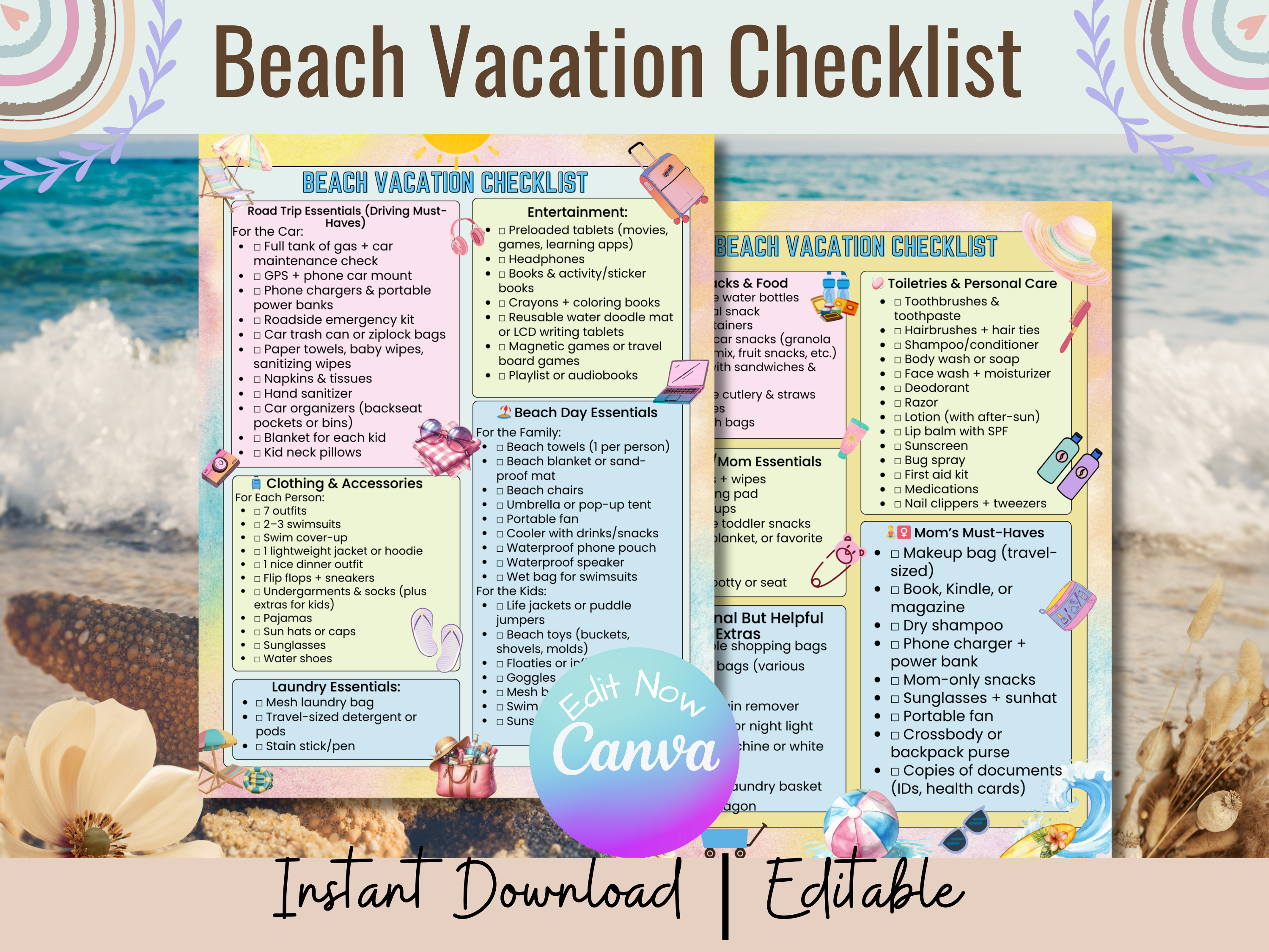 Beach Packing List Printable Editable 2 Page Vacation Checklist