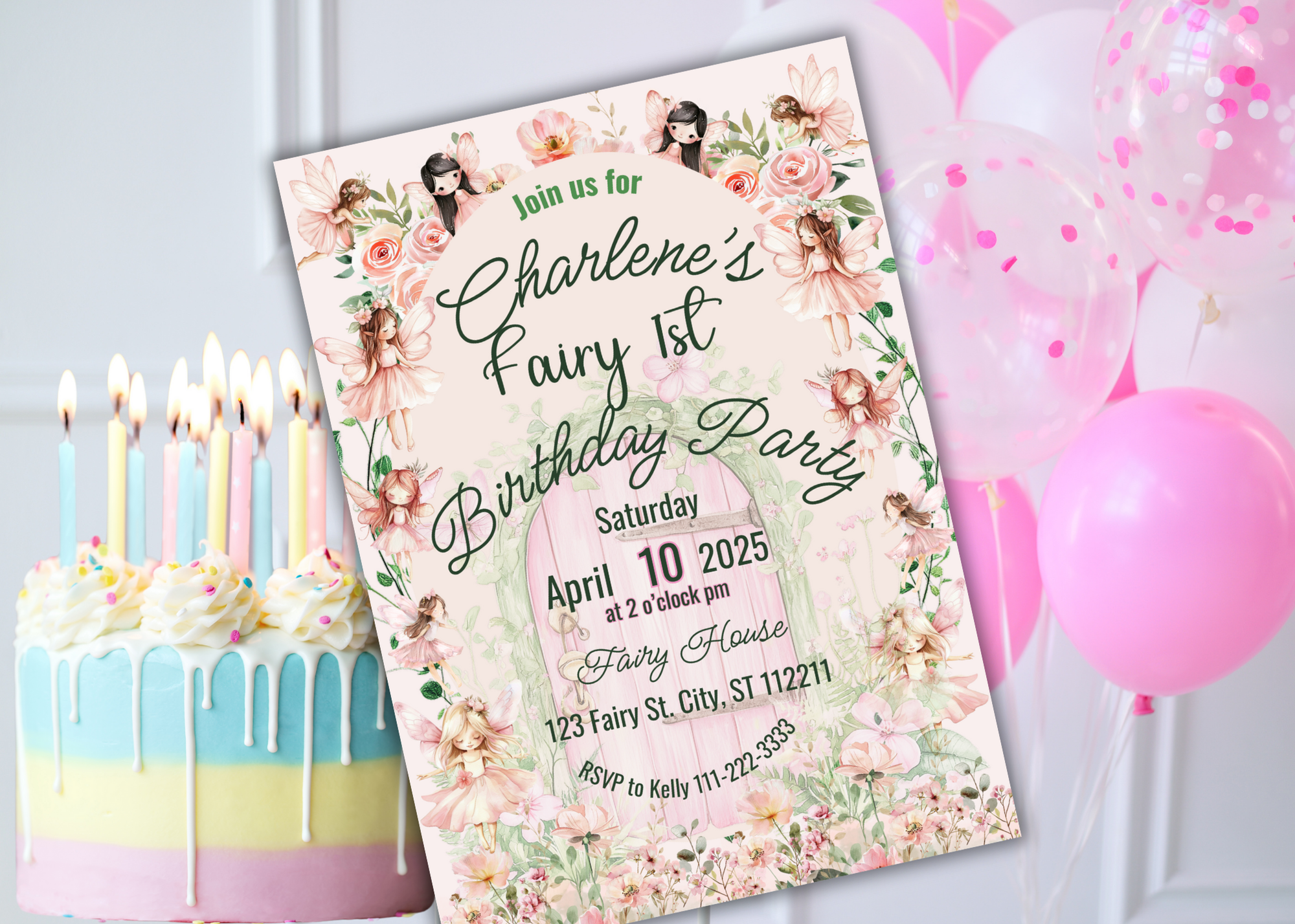Fairy First Birthday Invitation | Pink Fairy & Floral Birthday Invite | Digital Download | Editable Canva Template | Instant Access