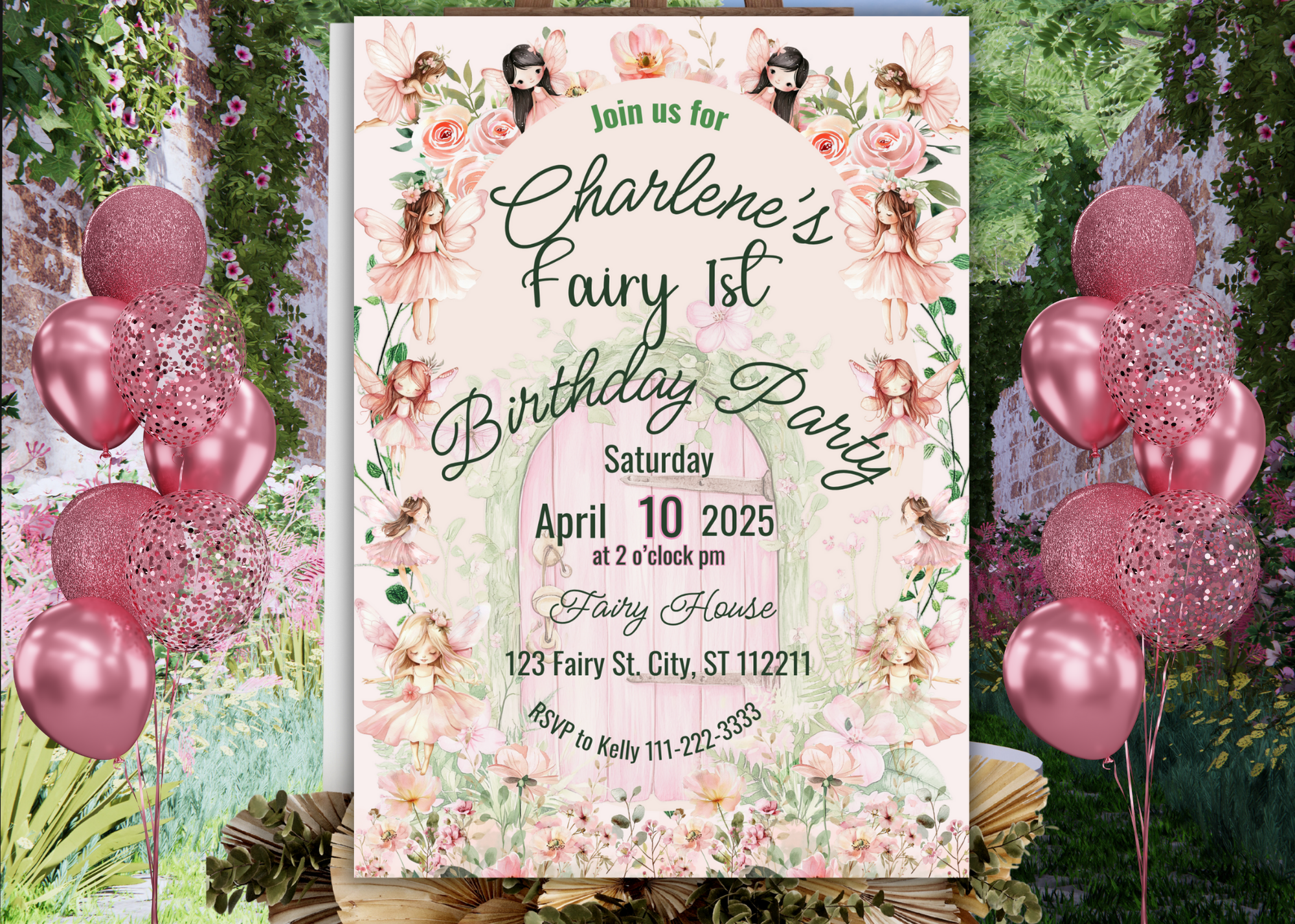 Fairy First Birthday Invitation | Pink Fairy & Floral Birthday Invite | Digital Download | Editable Canva Template | Instant Access