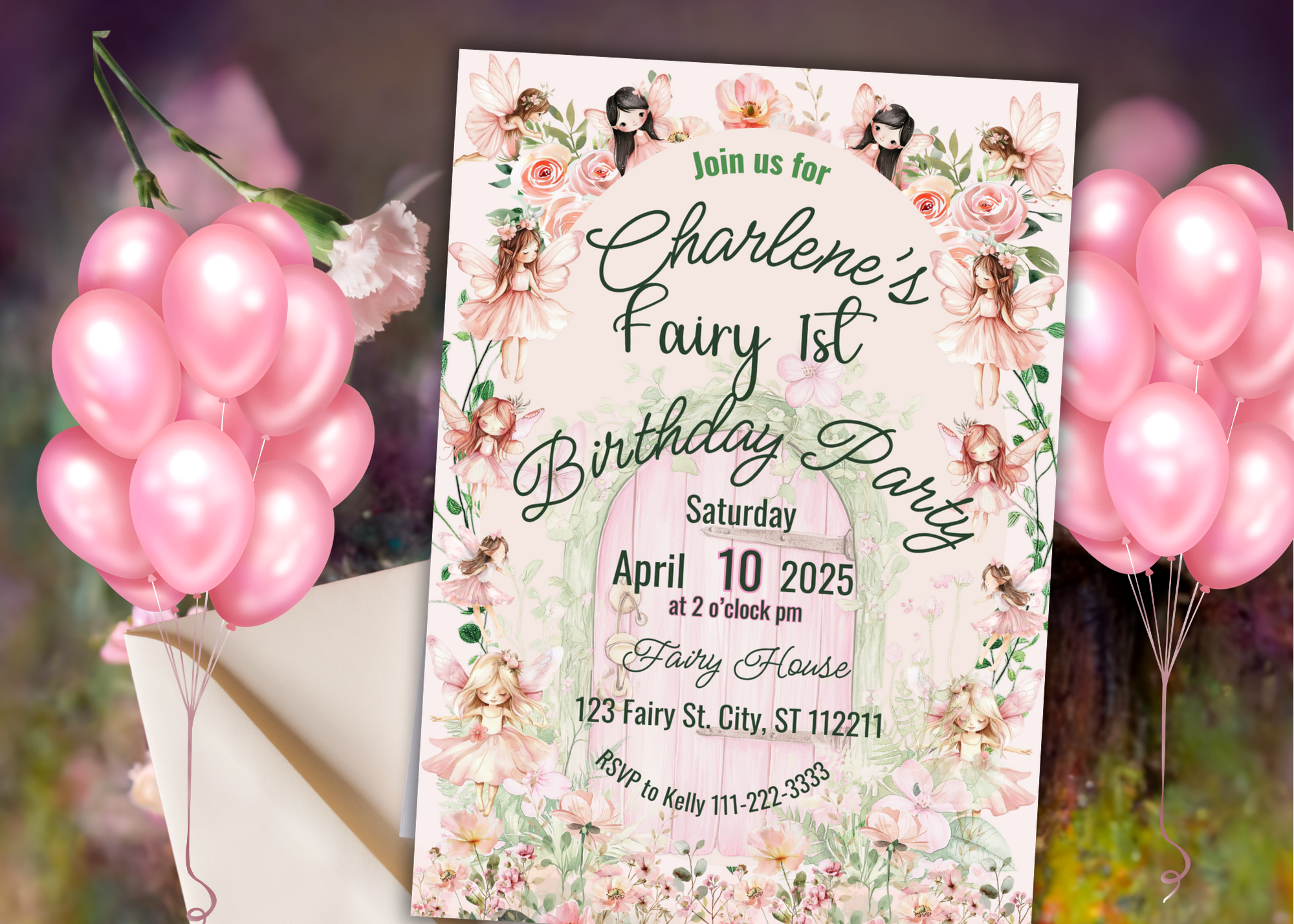 Fairy First Birthday Invitation | Pink Fairy & Floral Birthday Invite | Digital Download | Editable Canva Template | Instant Access