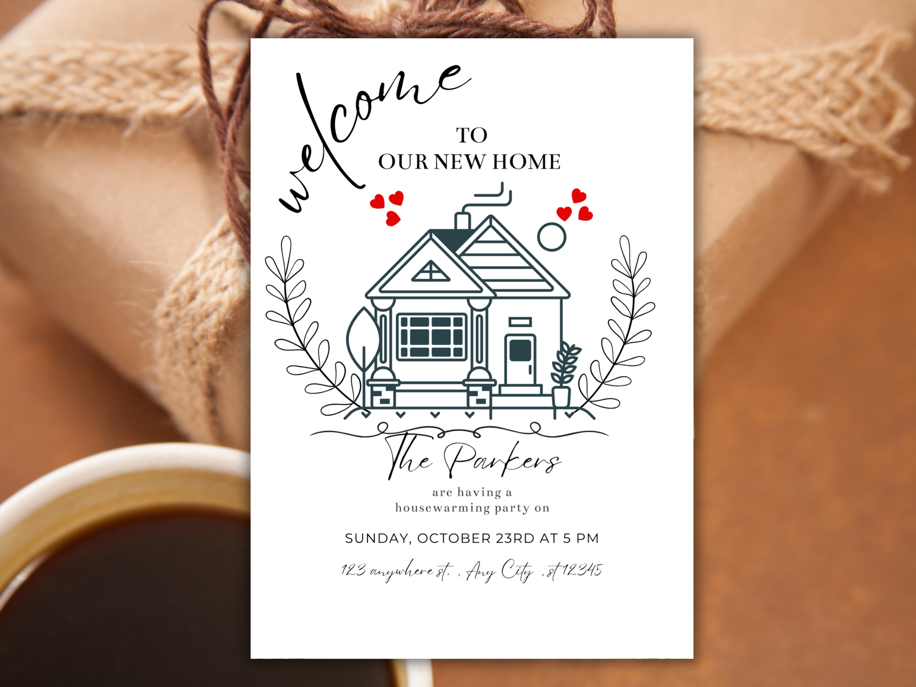 Minimalist Housewarming Invitation Template | Hearts Design | Editable Canva Invite | Modern, Simple, Digital Printable | New Home Party