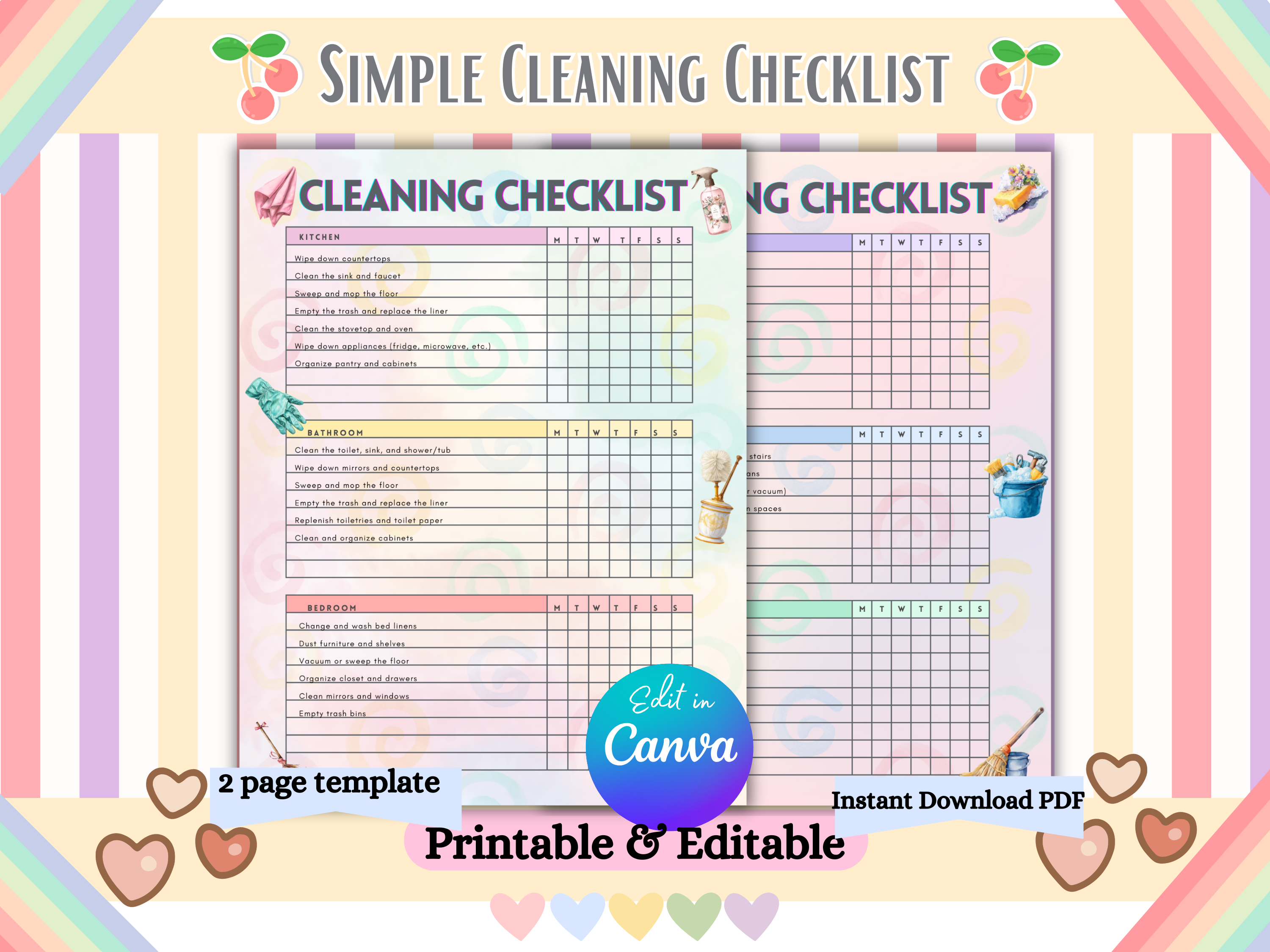 Editable Simple Cleaning Checklists | Daily, Weekly & Monthly Speed-Cleaning Guide | Canva Template | Instant Download