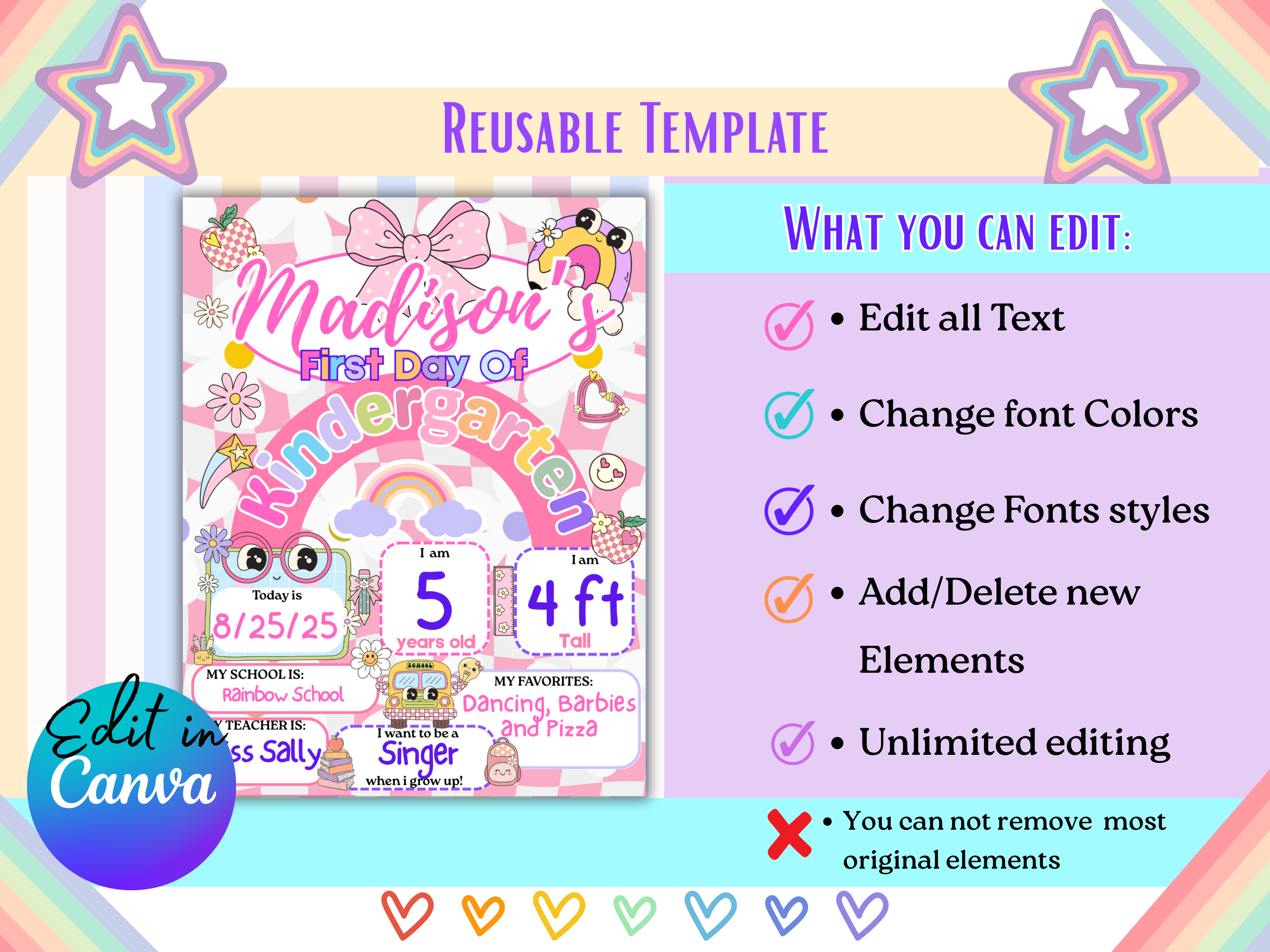 First Day of School Sign Pink Retro Editable Canva Template | Back to School Poster Girl Boho 8.5x11, 11x14, 16x20 | Printable Classroom Decor