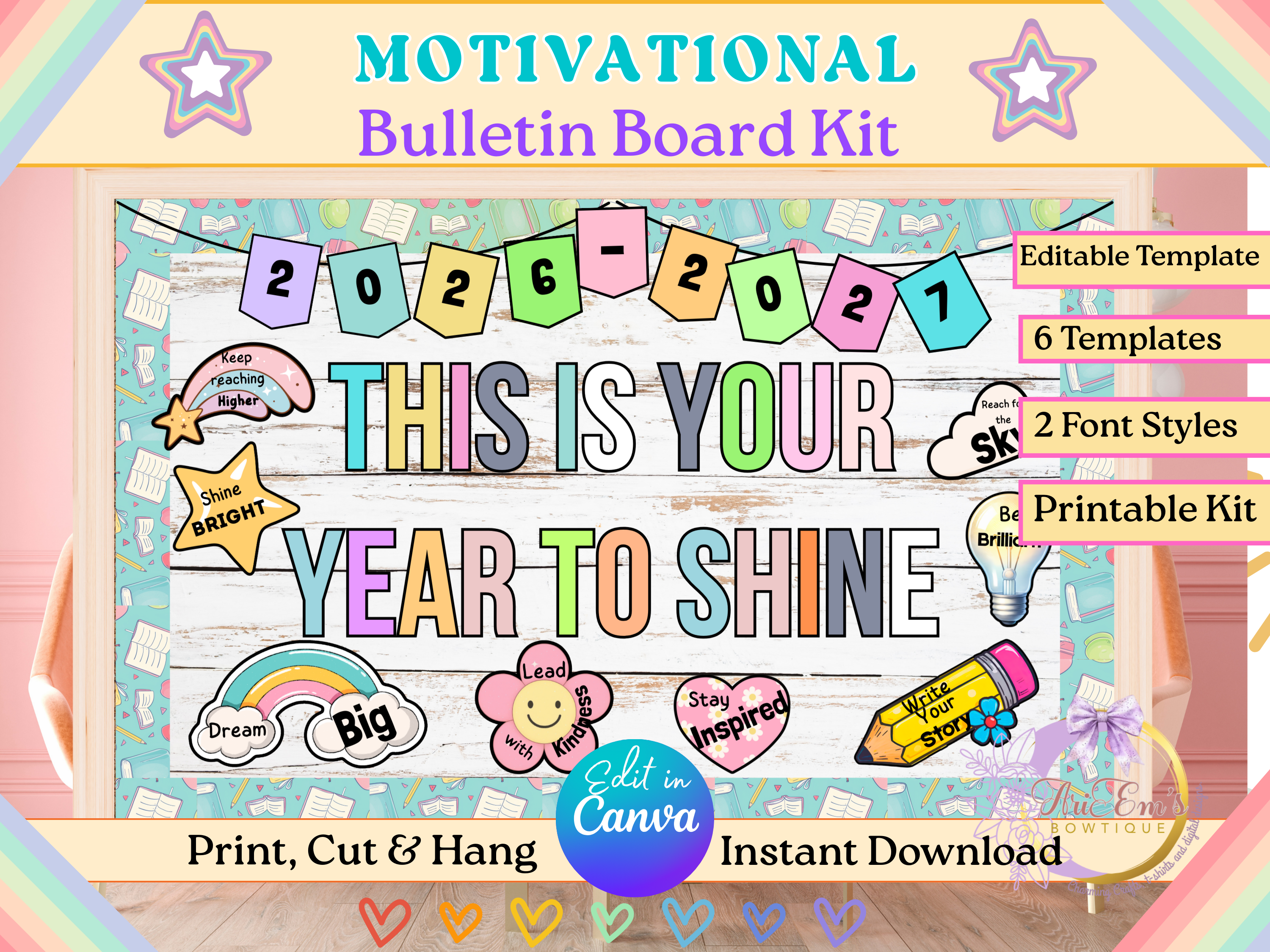 Motivational Bulletin Board Bundle | Editable Canva Letters, Encouraging Words & Borders | Classroom Decor PDF Download