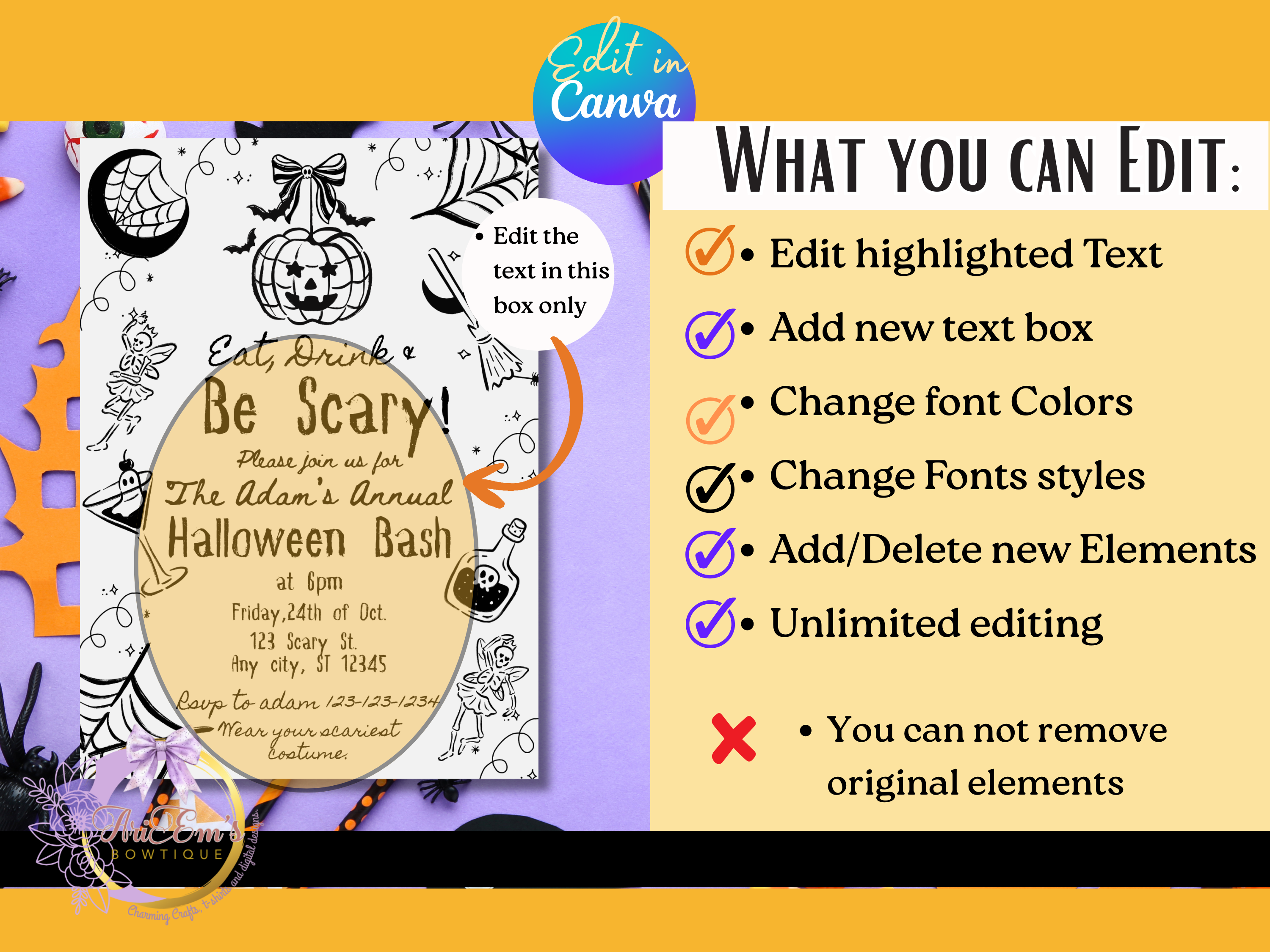 Eat, Drink & Be Scary Halloween Invitation | Canva Editable Template | Spooky Party Whimsical Digital Invite | 5x7 Printable Download