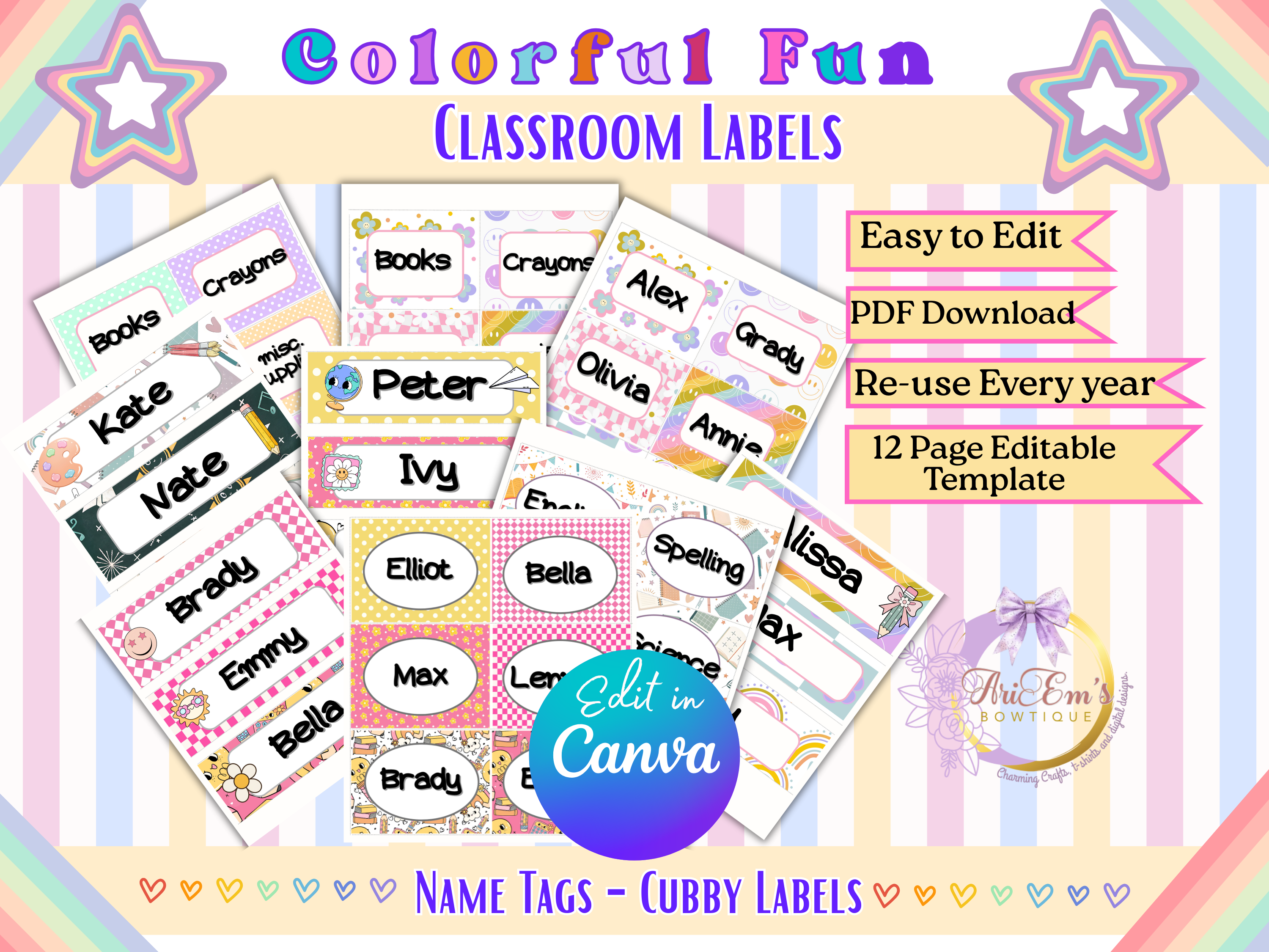 Editable Classroom Labels Canva Template | 12 Pages | Desk Name Tags & Cubby Labels | Back to School | Printable Teacher Tags