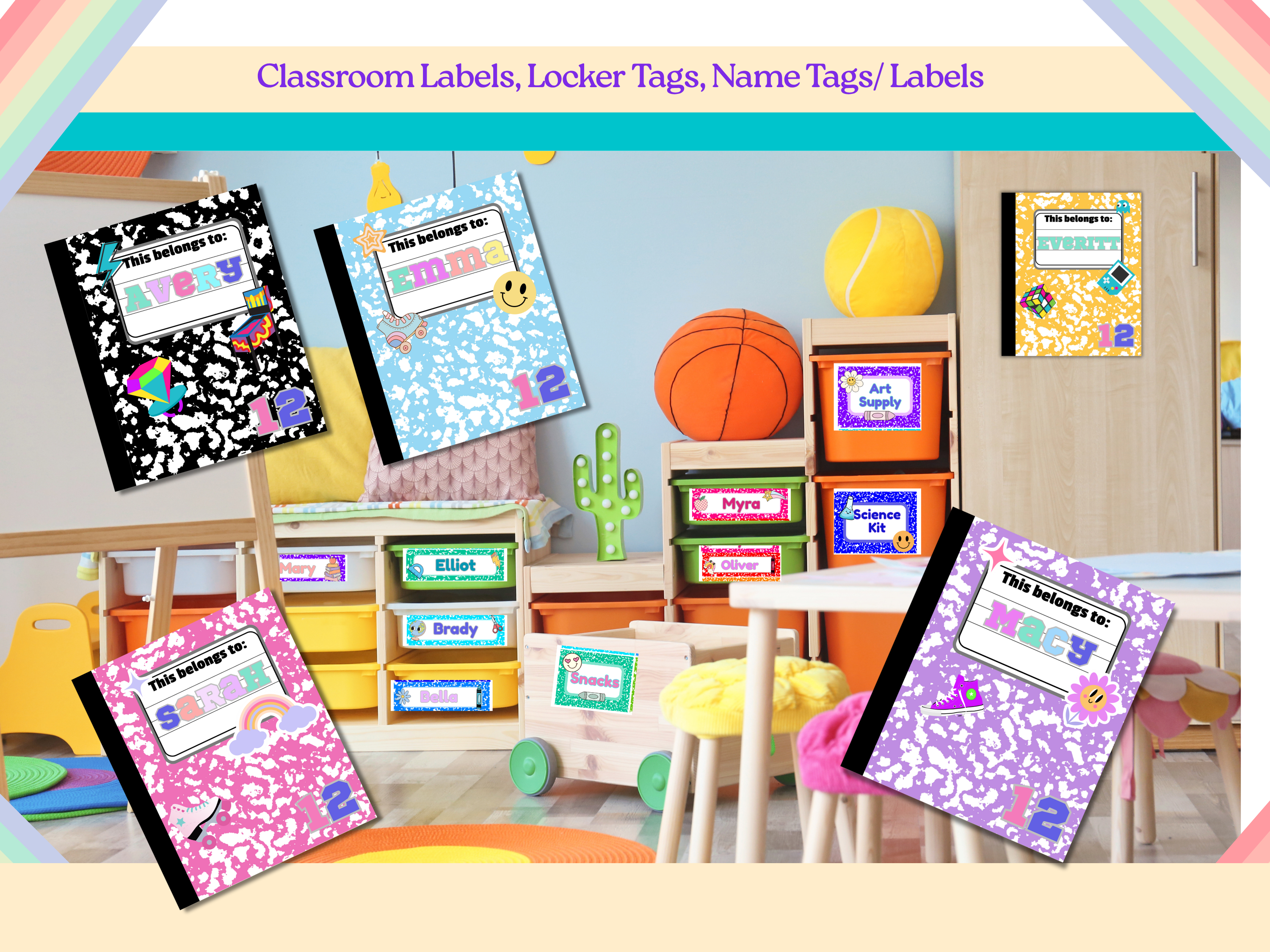 Retro Bright Classroom Labels Set - 29 Editable Tags in 3 Sizes - Composition Style Name Tags, Locker Labels, Desk Tags