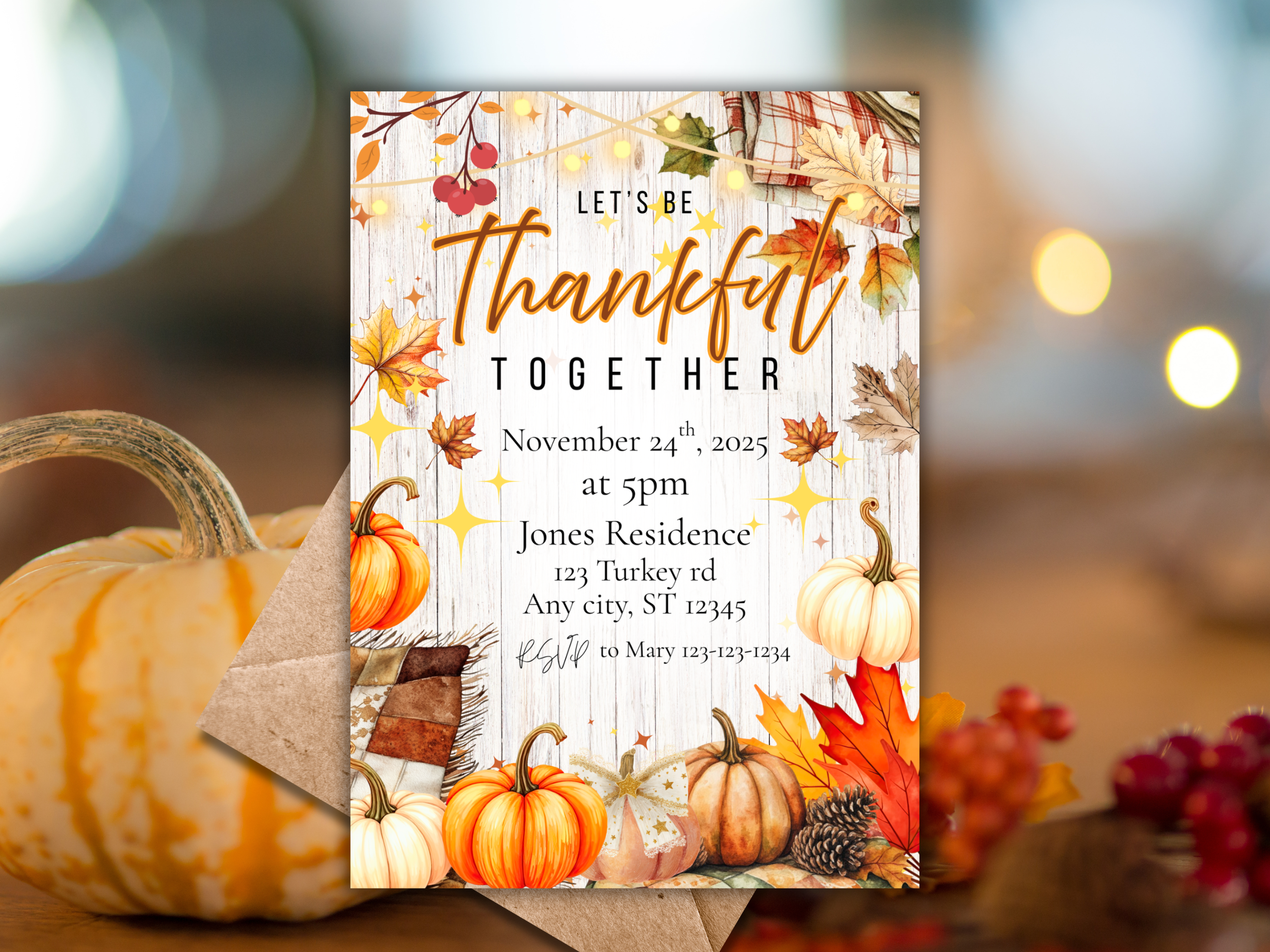 Let's Be Thankful Thanksgiving Invitation Canva Template | Fall Dinner Party Invite